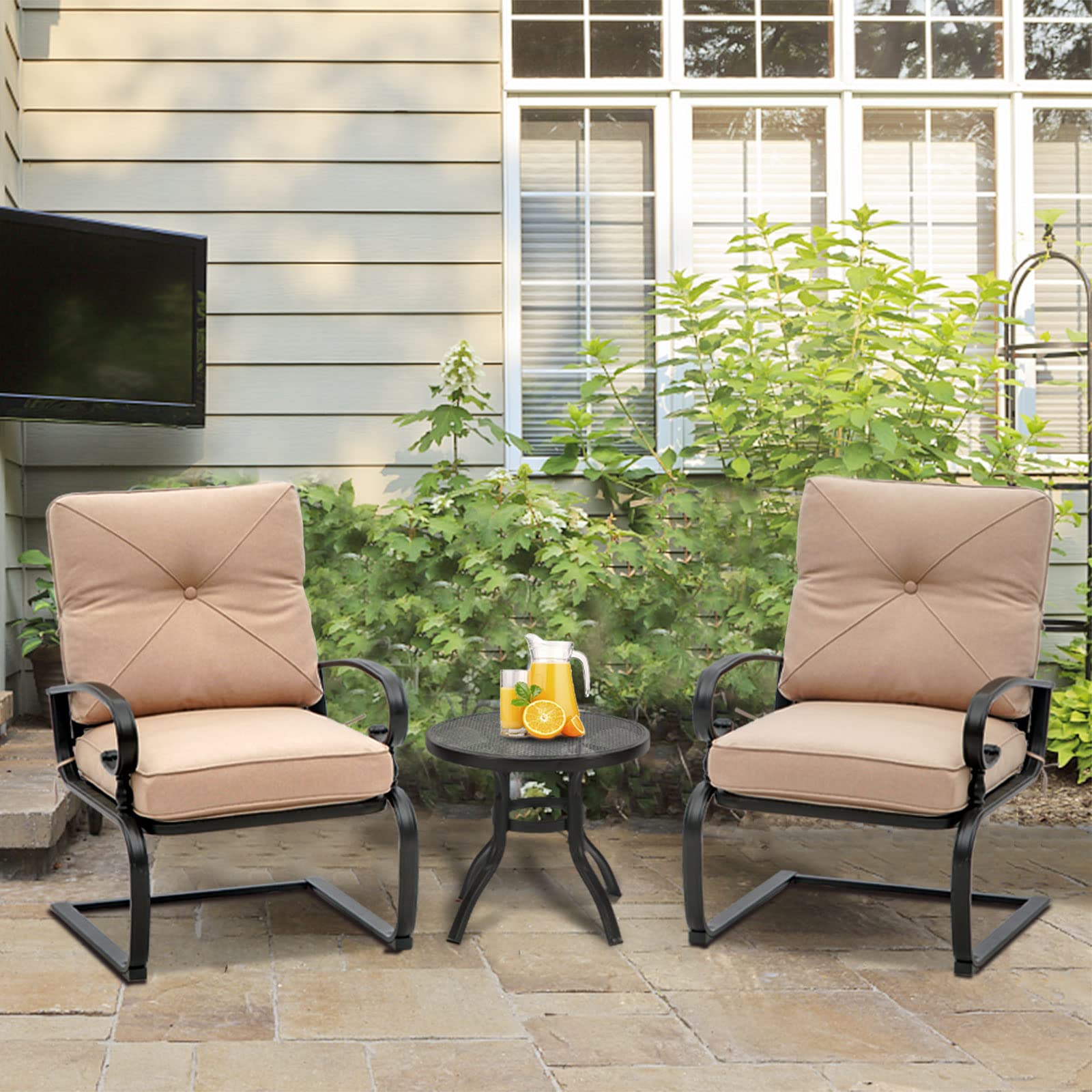 Crownland 3-Piece Patio Bistro Set - Wrought Iron Outdoor Dining Table & Cushioned Chairs - Brown Metal Cafe Furniture for Garden, Balcony, Backyard