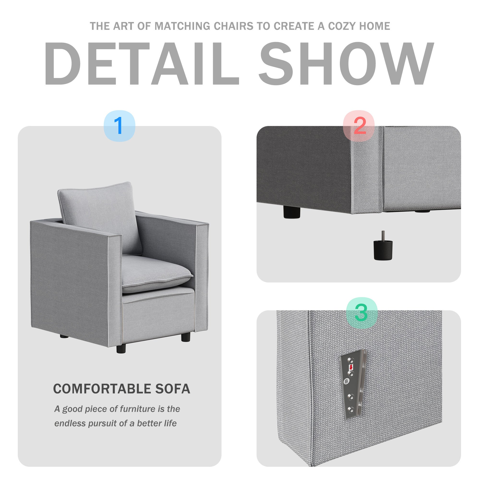 Modern Gray Single Sofa Chair - Soft Breathable Seat Cushion, Comfortable Armchair for Bedroom, Living Room Corner & Reading Nook - Cozy Home Decor Accent Piece