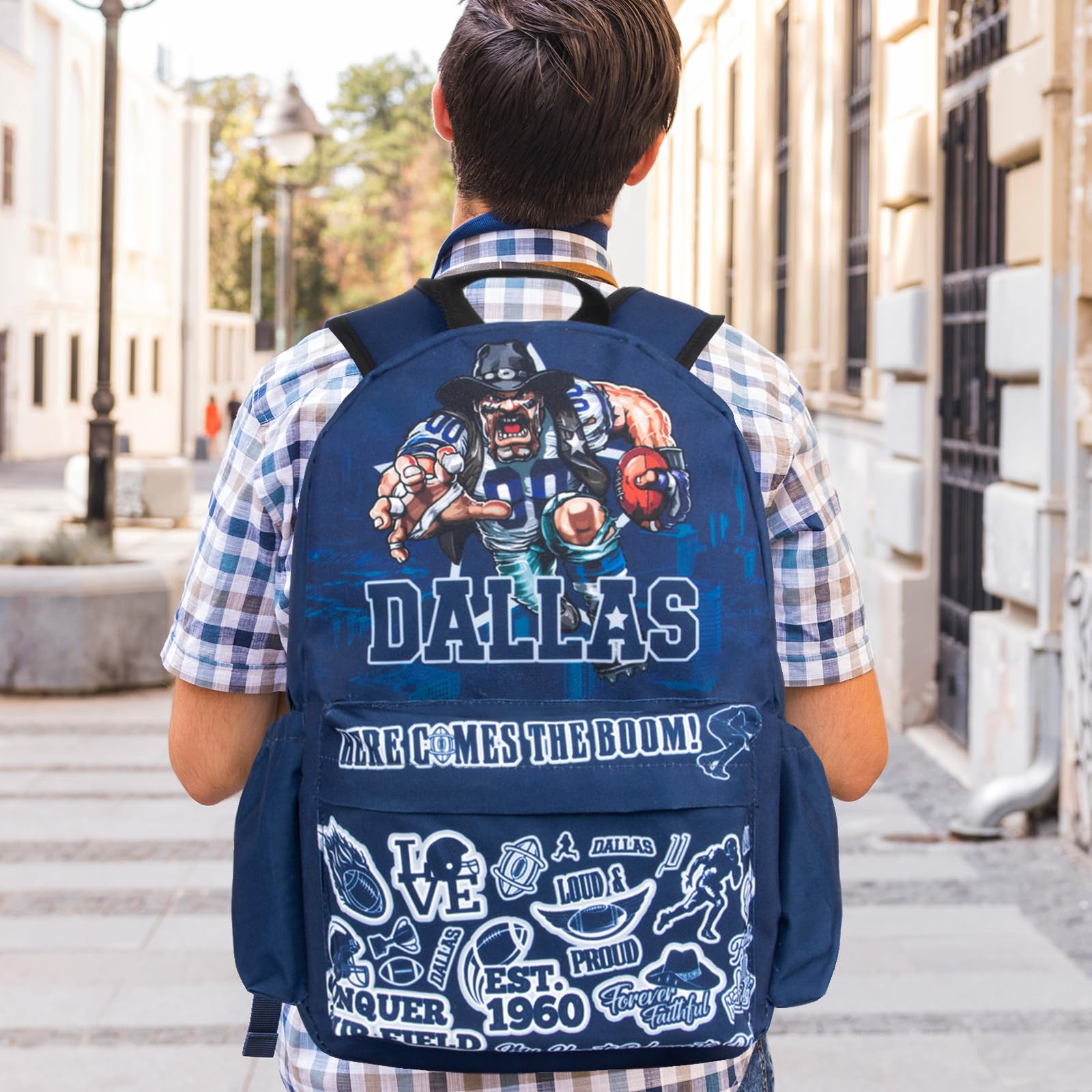 Football Style Backpack - Large Capacity Blue Team Sports Bag for Men & Women | Durable Laptop Backpack for Travel, School & Daily Use | Perfect Football Gift for Players & Fans