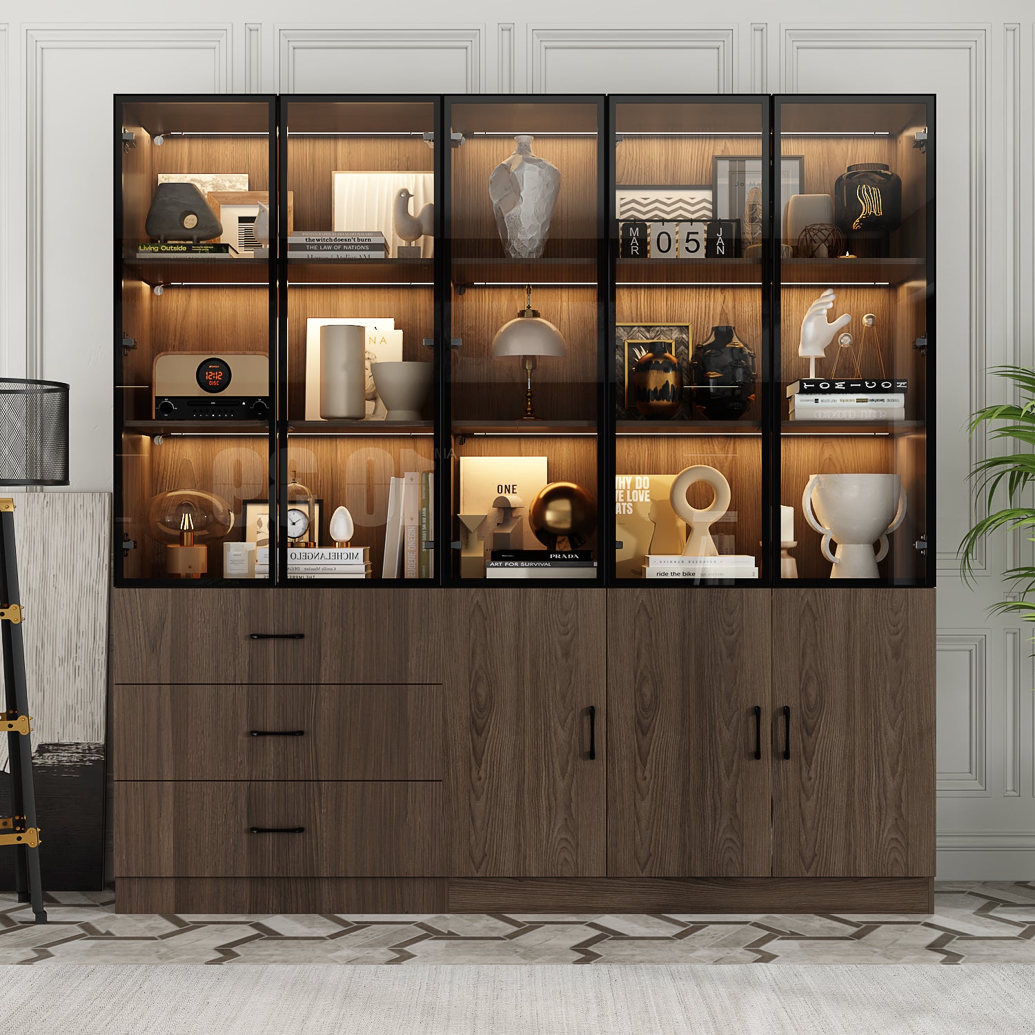 Modern 5-Shelf Combination Bookcase with Adjustable LED Lighting - Perfect for Home Office, Living Room & Bedroom Storage & Display