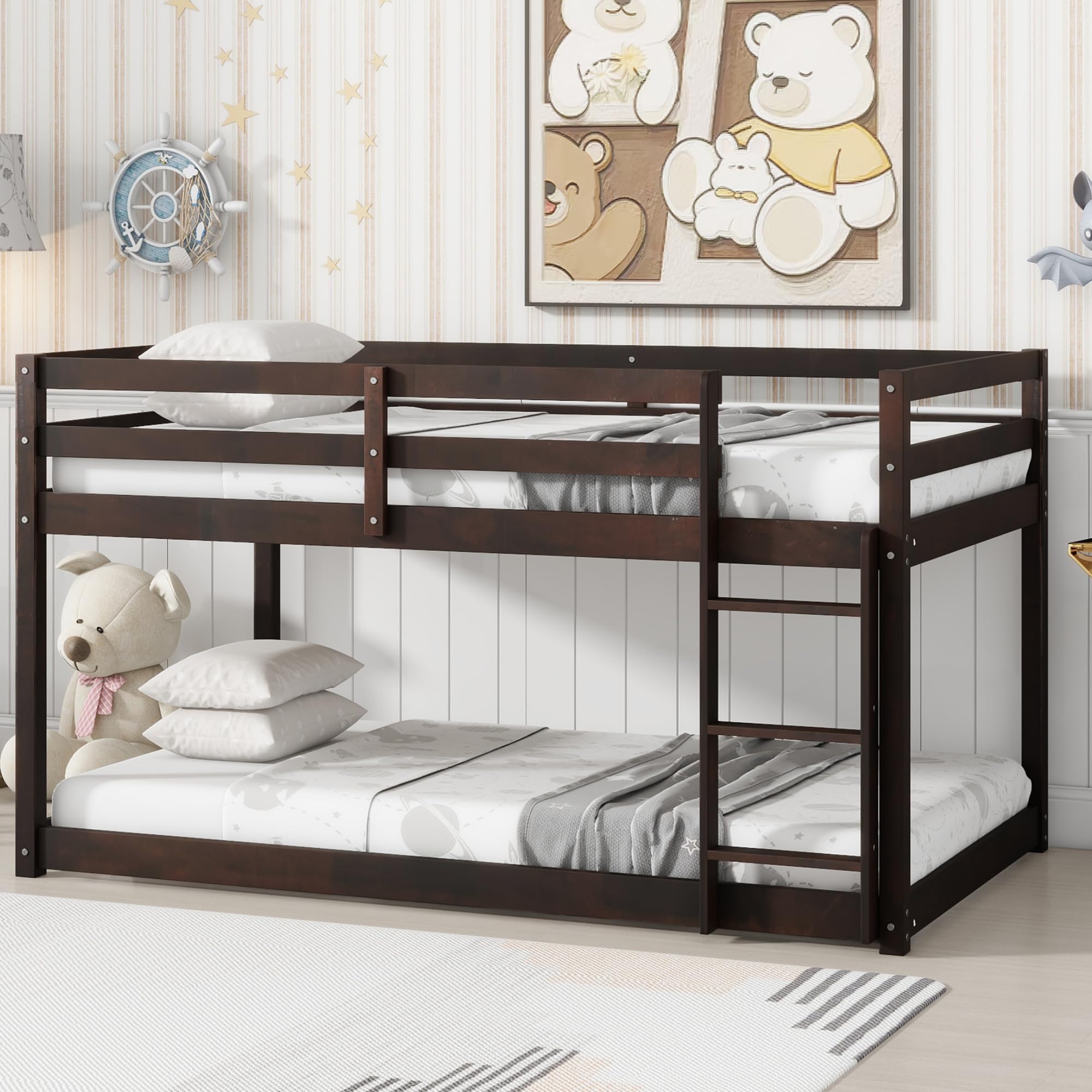 **Twin Over Twin Low Bunk Bed Frame - Wooden Junior Loft Bed for Kids, Boys, Girls & Teens with Safety Rails - Espresso Finish - Perfect for Small Bedrooms, Dorms & Shared Kids' Rooms**