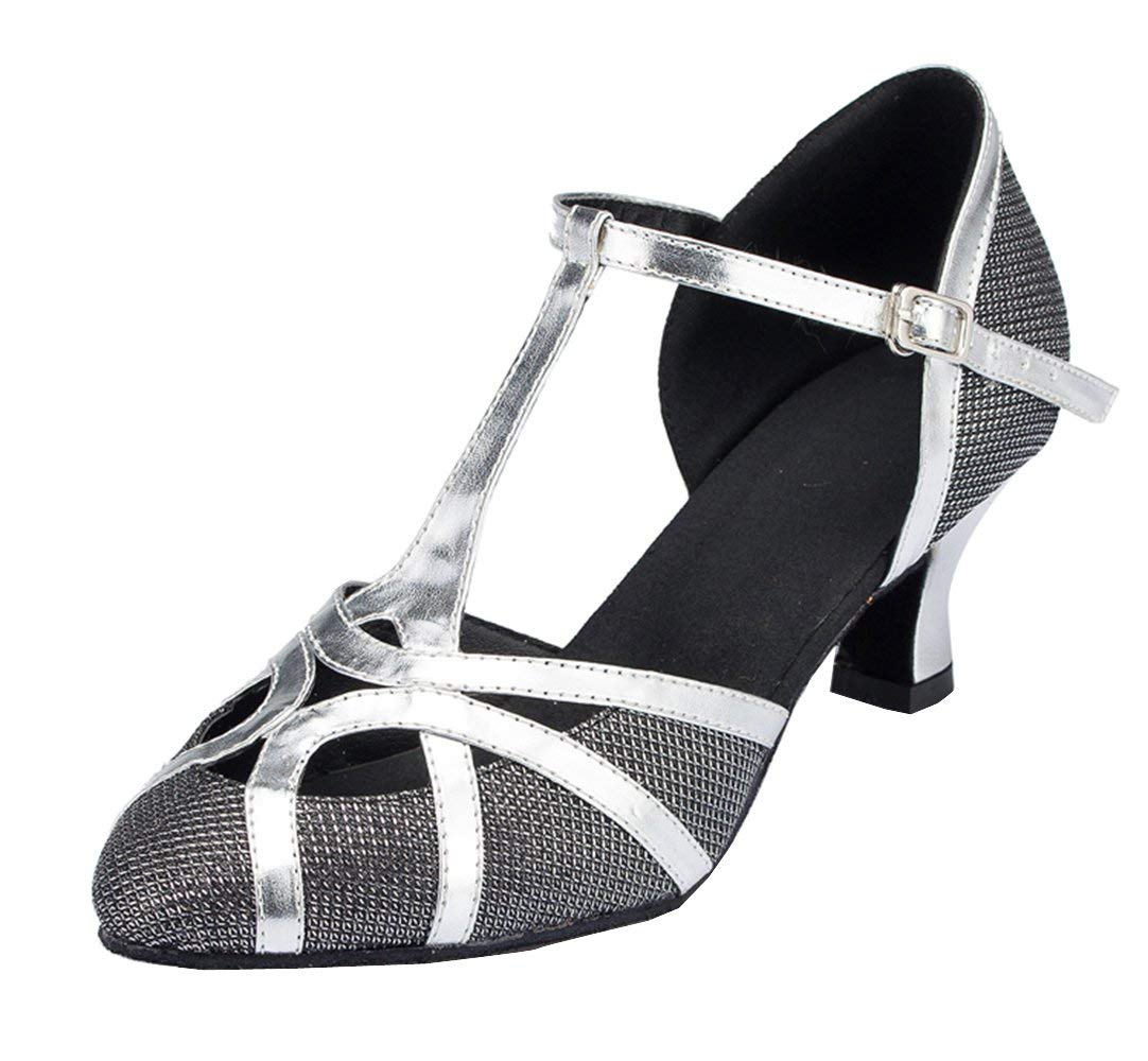 Women's Glitter T-Strap Closed Toe Dance Shoes - Synthetic Leather for Tango, Ballroom, Latin, Wedding & Evening Events - Black 6cm Heel Size 8 UK - Perfect for Performances, Social Dancing & Special Occasions
