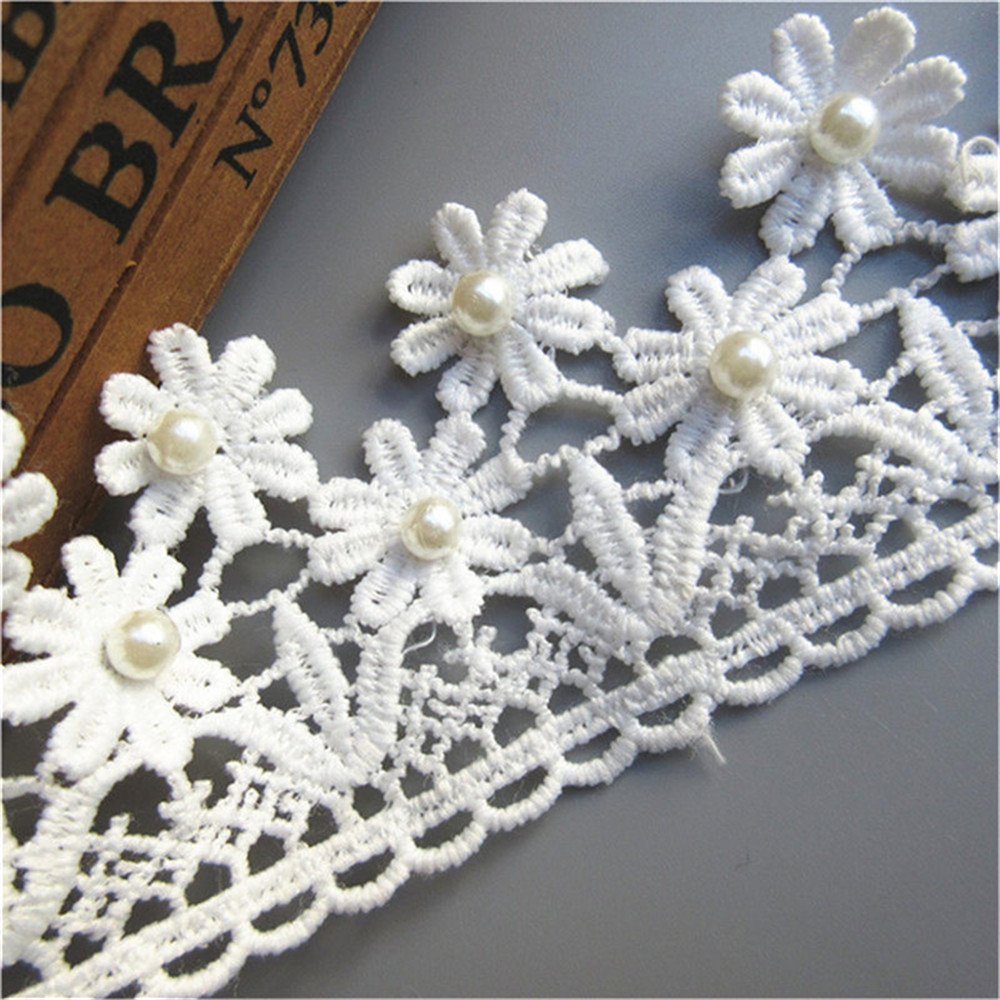 1 Meter Cotton Pearl Beaded Flower Lace Trim Ribbon - 5cm Wide Vintage White Embroidered Fabric Applique for Wedding Dresses, Bridal Gowns & DIY Sewing Crafts - Perfect for Dress Embellishment, Home Decor & Scrapbooking Projects