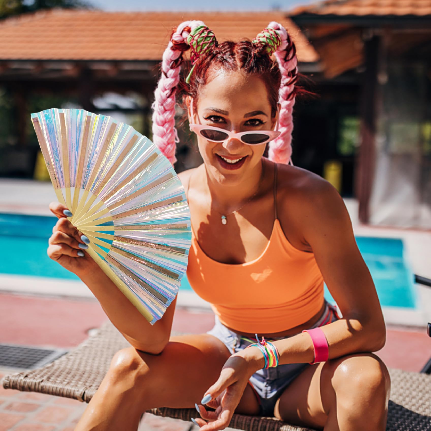 1PC Holographic Handheld Folding Fan - Shining Rave Fan with 3D Illusion Effect, Iridescent Festival Hand Fan for Men & Women - Perfect for Raves, Concerts, Cosplay & Summer Outfits