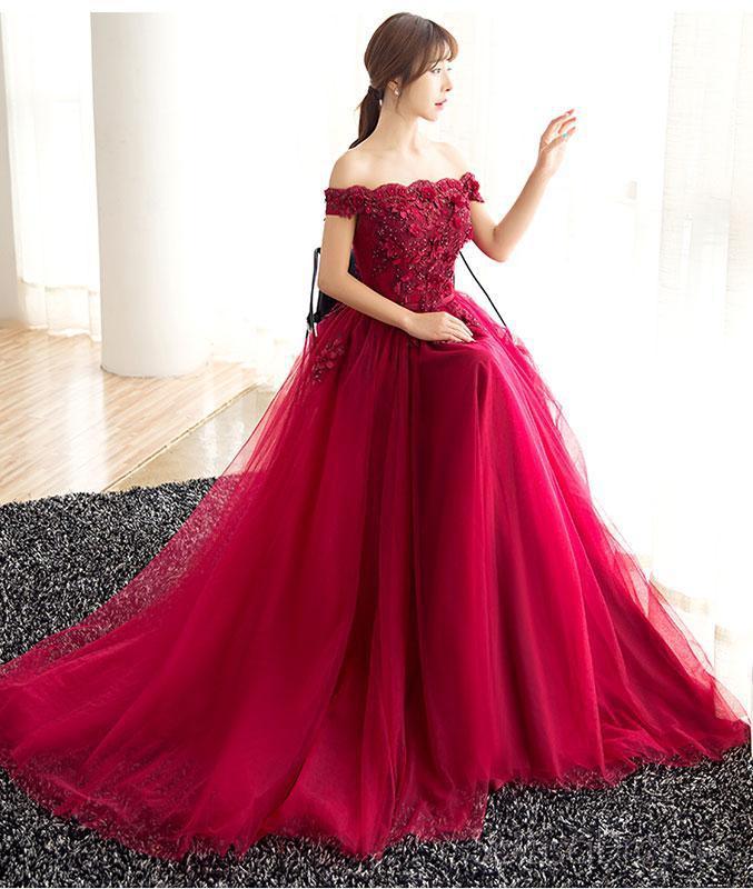 Elegant Off Shoulder Red Lace Beaded A-Line Long Evening Prom Dress for Women | Sweet 16 Dresses | Perfect for Prom Night, Homecoming, Quinceañera & Formal Events