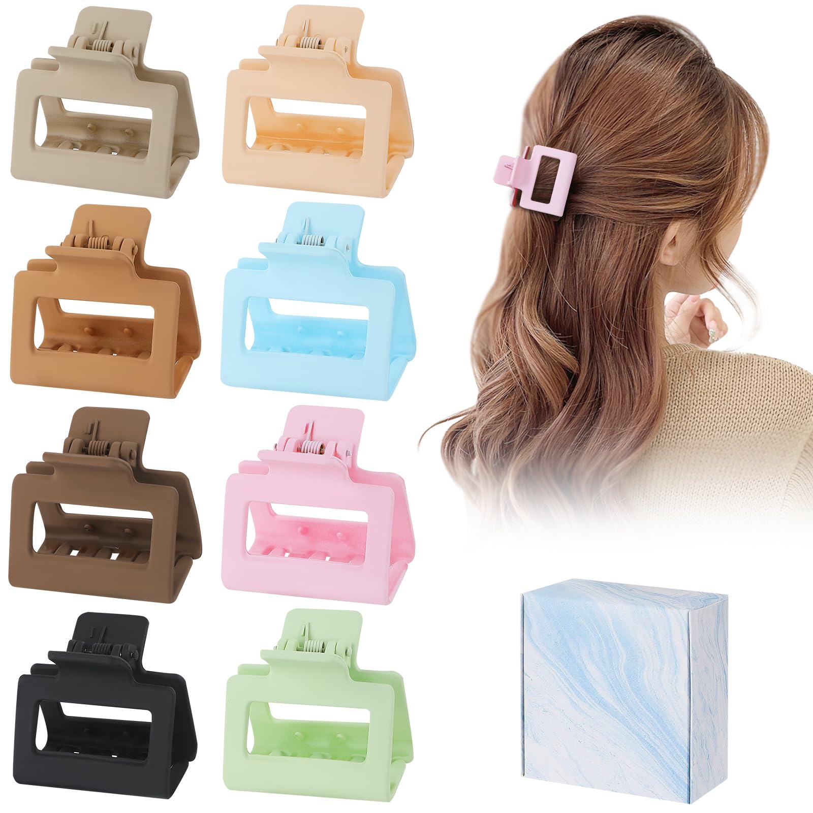 8 Pack Small Rectangle Claw Clips for Thin, Medium & Thick Hair - 2 Inch Cute Jaw Hair Clips for Women & Girls - Perfect for Ponytails, Buns & Everyday Hairstyles