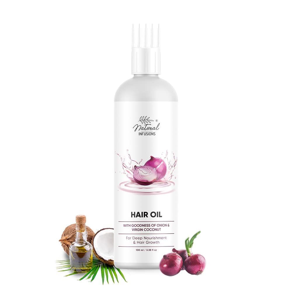 Organic Onion & Virgin Coconut Hair Oil for Silky Strong Hair Growth | Reduces Hair Fall with Comb Applicator | 100ml Bottle | Perfect for Daily Hair Care & Scalp Massage at Home