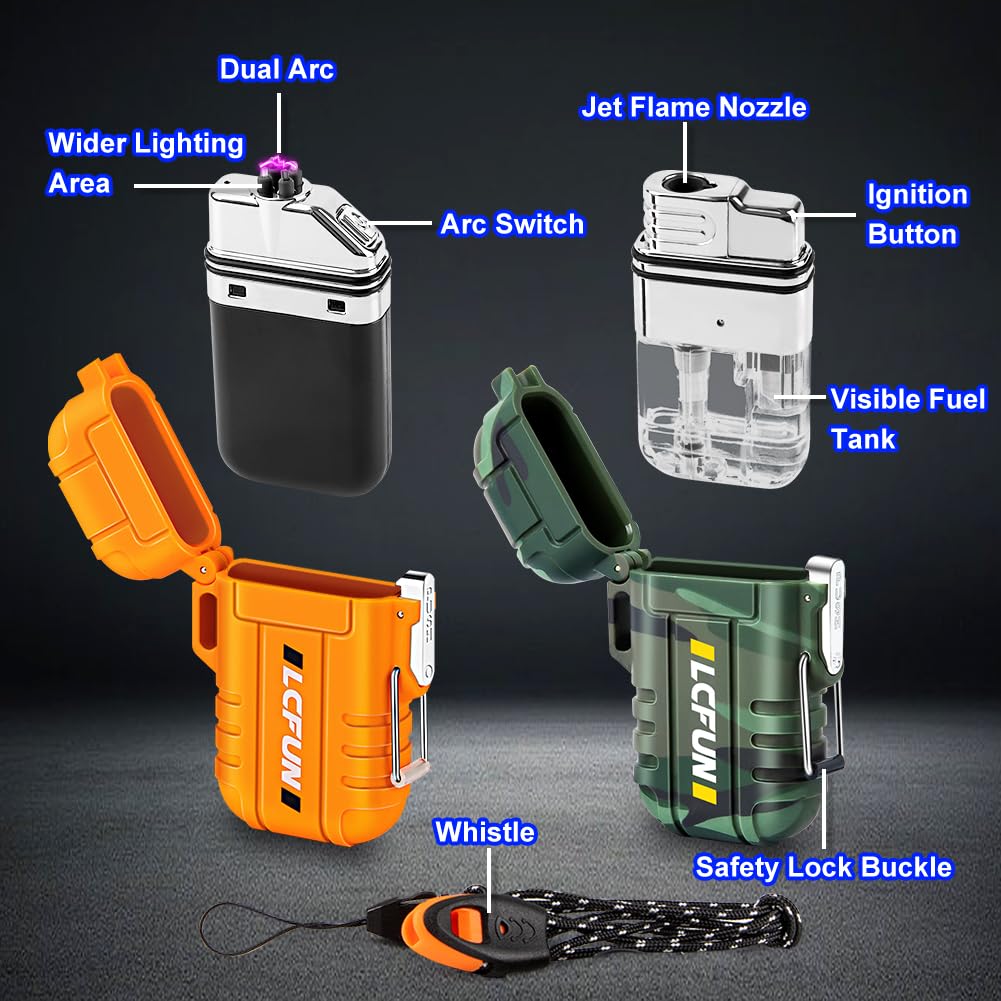 LCFun 2-Pack Waterproof Windproof Dual Arc Plasma Lighter - USB Rechargeable Butane Torch Lighter for Camping, Hiking & Outdoor Survival Gear - Perfect for Men's Tactical Gear, Emergency Kits & Adventure Accessories