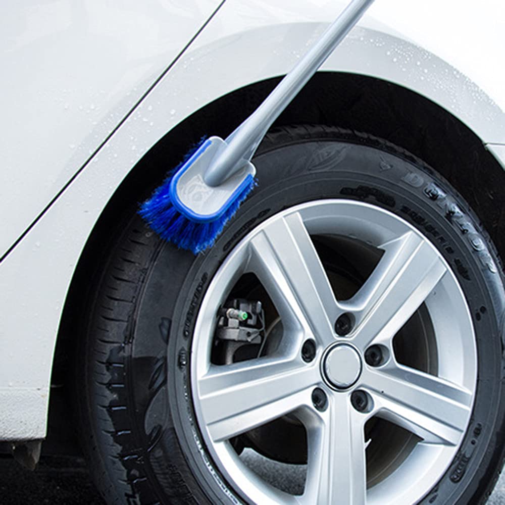 Premium Blue Car Wheel & Tire Brush - Long Handle Cleaning Tool for Car & Motorcycle Rims - Heavy Duty Wheel Washing Accessories - Perfect for Auto Detailing, DIY Car Wash & Garage Cleaning