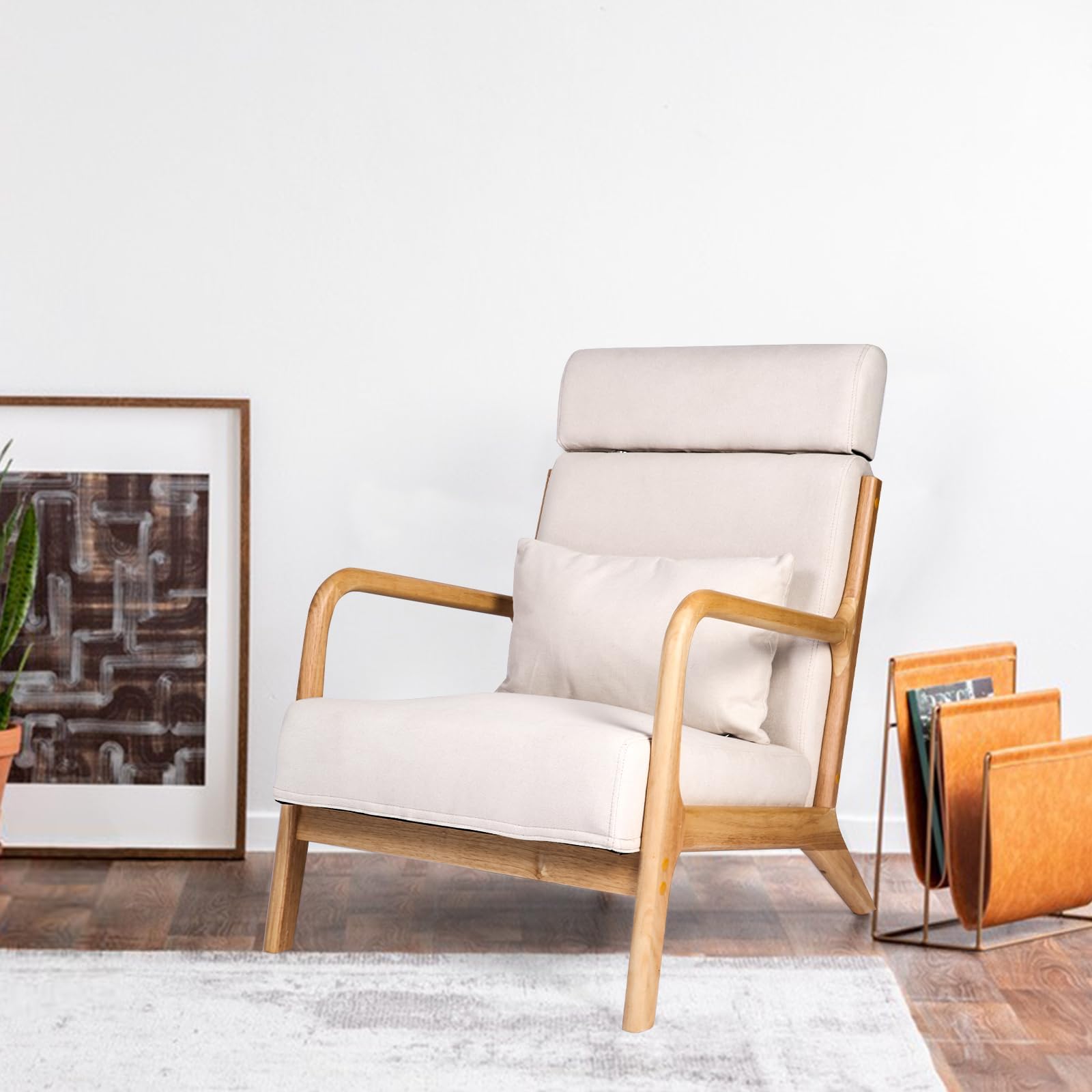 Mid Century Modern Accent Chair with Extendable Headrest - Wood Frame Fabric Armchair, Linen Upholstered Lounge Chair for Living Room, Reading Nook, or Bedroom (Beige) - Perfect for Relaxing, Reading & Adding Stylish Comfort to Your Home
