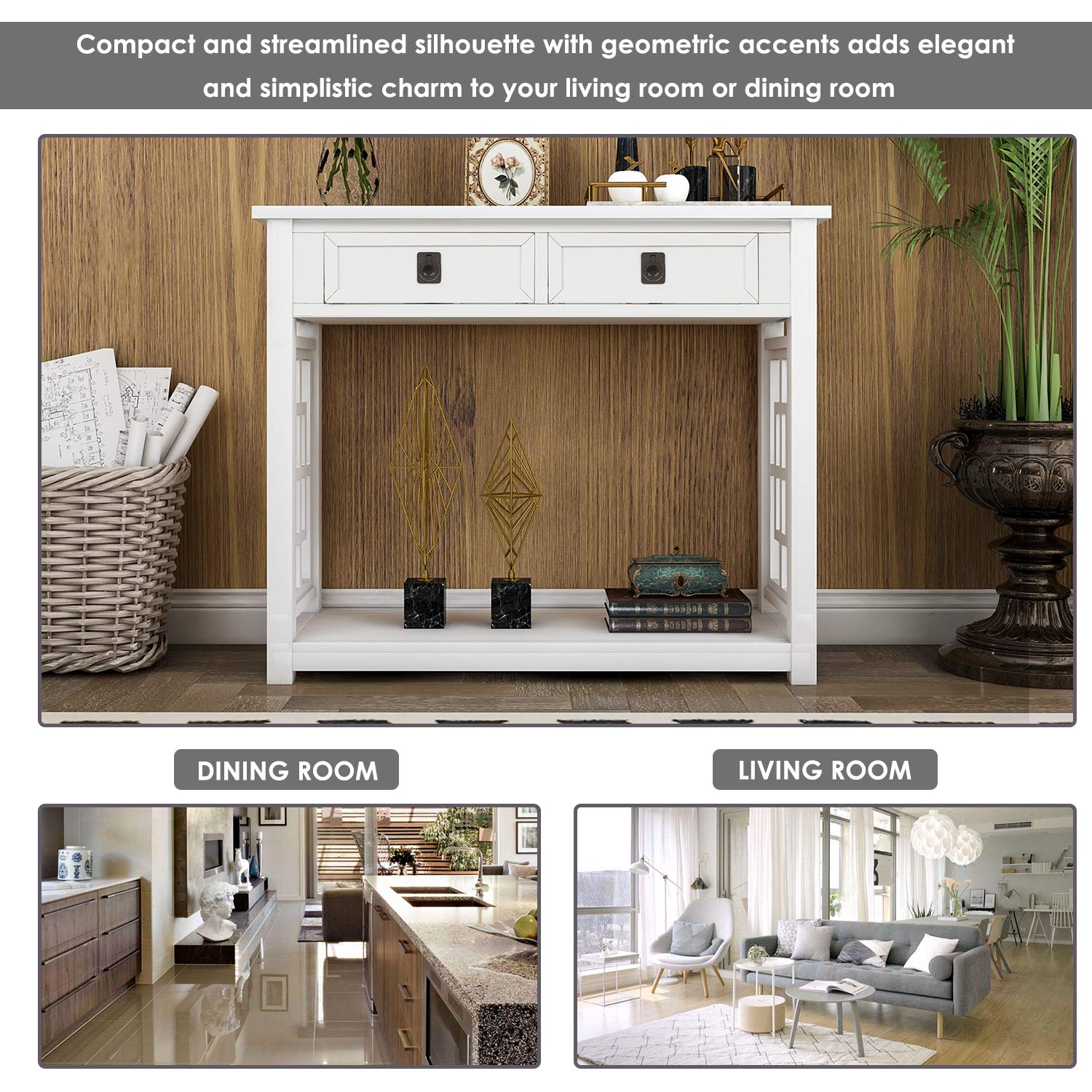 Modern White Wooden Console Table with 2 Drawers & Shelf - Narrow Sofa Table, Entryway Accent Furniture for Living Room, Bedroom, Hallway - 31.5