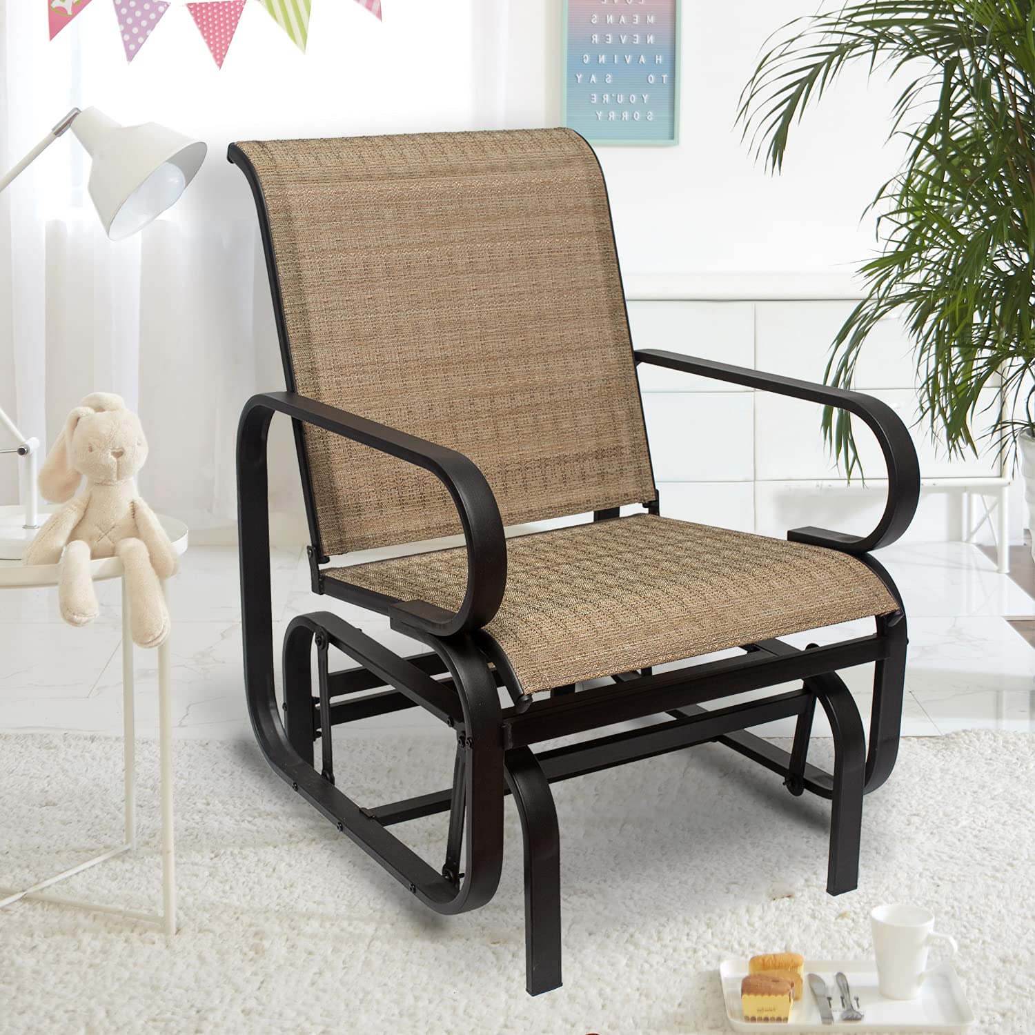 HSQQ Outdoor Glider Chair Set - Patio Rocking Sling Fabric Rocker with Cushion - Comfortable Lawn & Garden Furniture for Porch, Backyard, Living Room - Brown - Perfect for Relaxing, Reading & Enjoying Nature