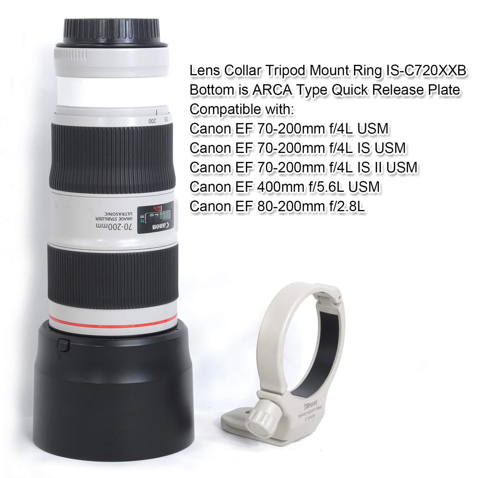 iShoot 65.5mm Tripod Mount Ring Lens Collar Support for Canon EF 70-200mm f/4L USM, 80-200mm f/2.8L & 400mm f/5.6L - Arca-Swiss Quick Release Plate Compatible with Tripod Ball Head - Perfect for Wildlife Photography, Sports Shooting & Travel Videography