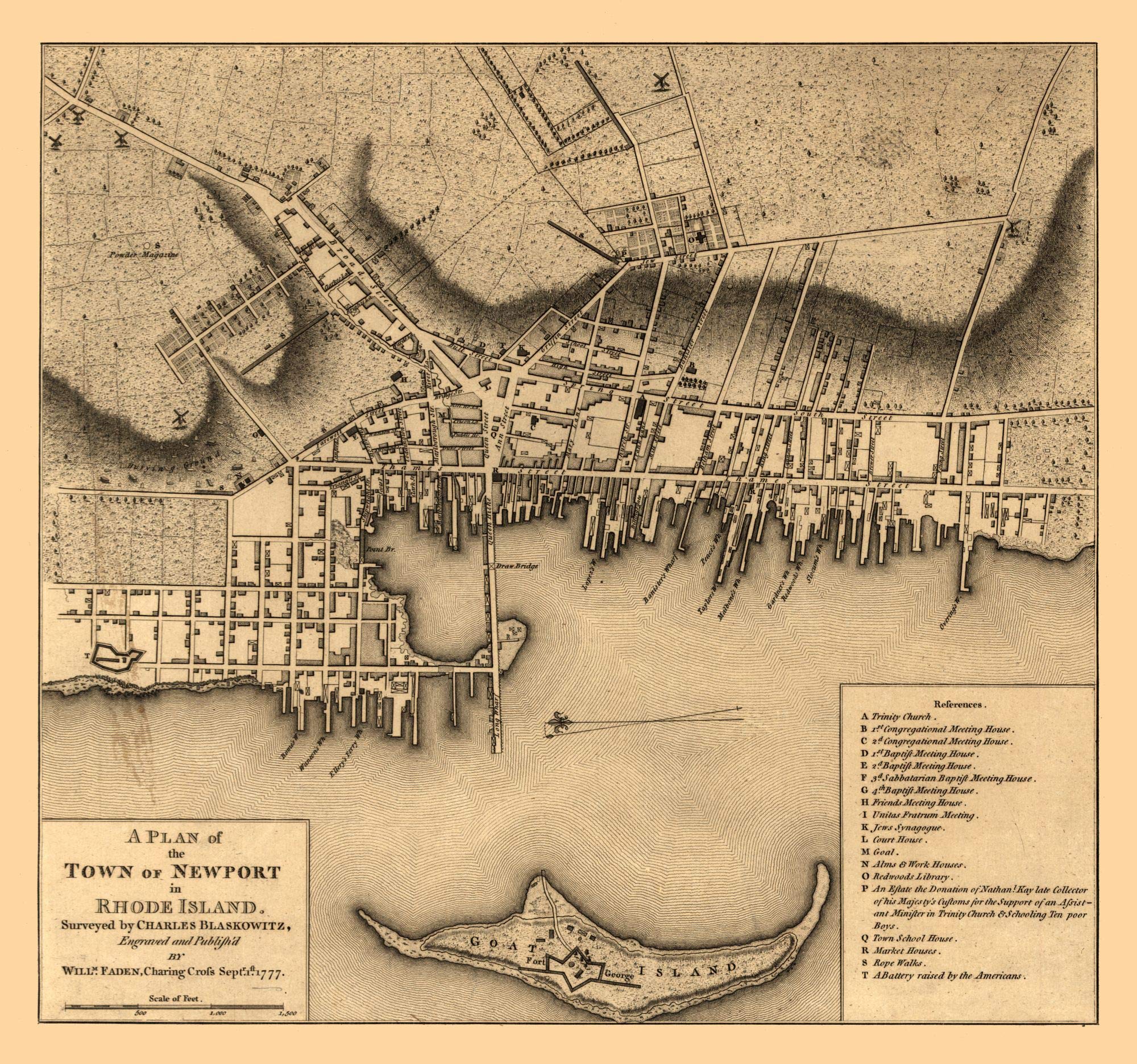 Vintage 1777 Newport Rhode Island Map by Blaskowitz - 23.00 x 24.57 Matte Canvas Wall Art - Perfect for Home Decor, Office & History Lovers