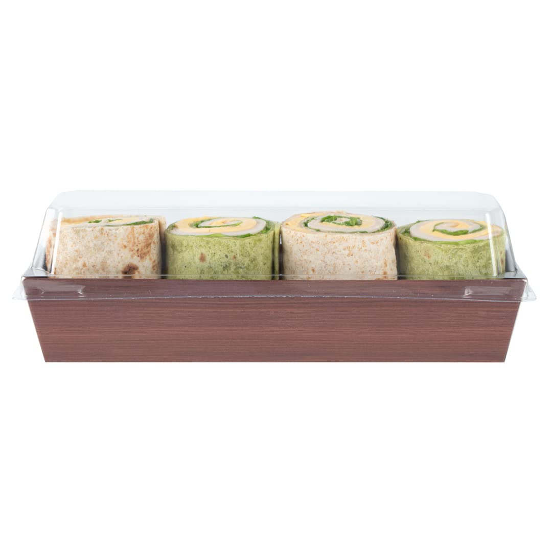 Restaurantware Matsuri Vision 6.5 x 1.7 x 1.4 Inch Disposable Sushi Trays - 100 Greaseproof Wood Grain Paper Sushi Containers for Appetizers, Desserts & Takeout (Lids Sold Separately) | Perfect for Japanese Restaurants, Catering & Food Delivery