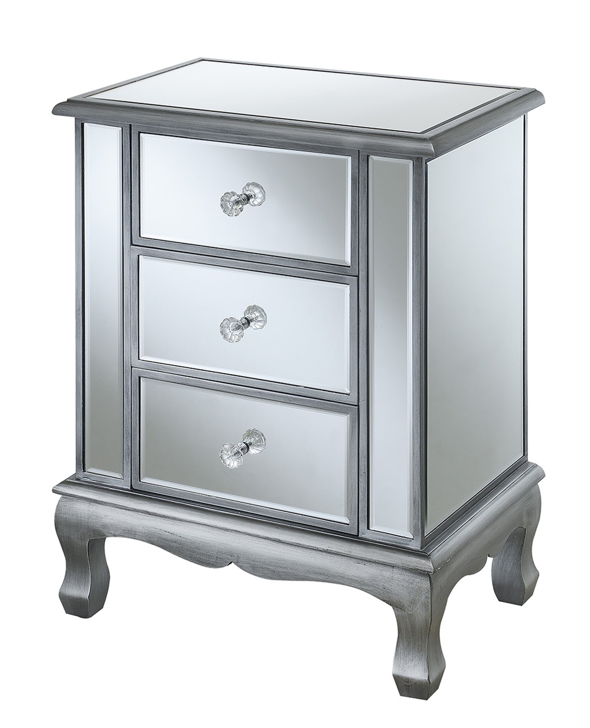 Convenience Concepts Gold Coast Vineyard 3-Drawer Mirrored End Table in Antique Silver - Elegant Bedside Nightstand with Mirror for Living Room, Bedroom & Entryway Decor