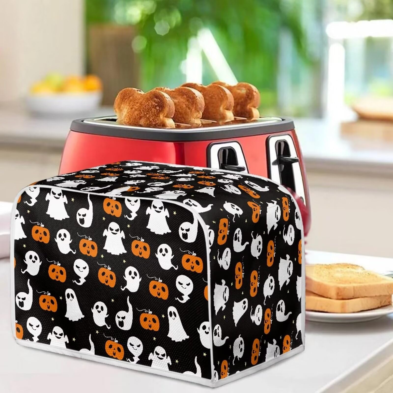 4-Slice Toaster Cover - Waterproof Dustproof Oven Toaster Protector - Fits Most Standard 4-Slice Toasters (12.4 x 10.6 x 8.2 inches) - Halloween Ghost Pumpkin Design - Perfect for Kitchen Countertop Protection & Gift Giving