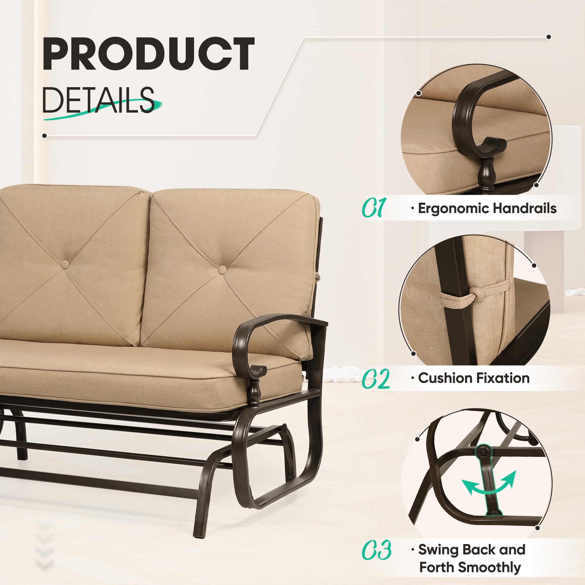 4Pcs Outdoor Metal Patio Furniture Set - Wrought Iron Glider, Bistro Table & 2 Spring Lounge Chairs (Brown) - Perfect for Garden, Backyard & Porch Relaxation