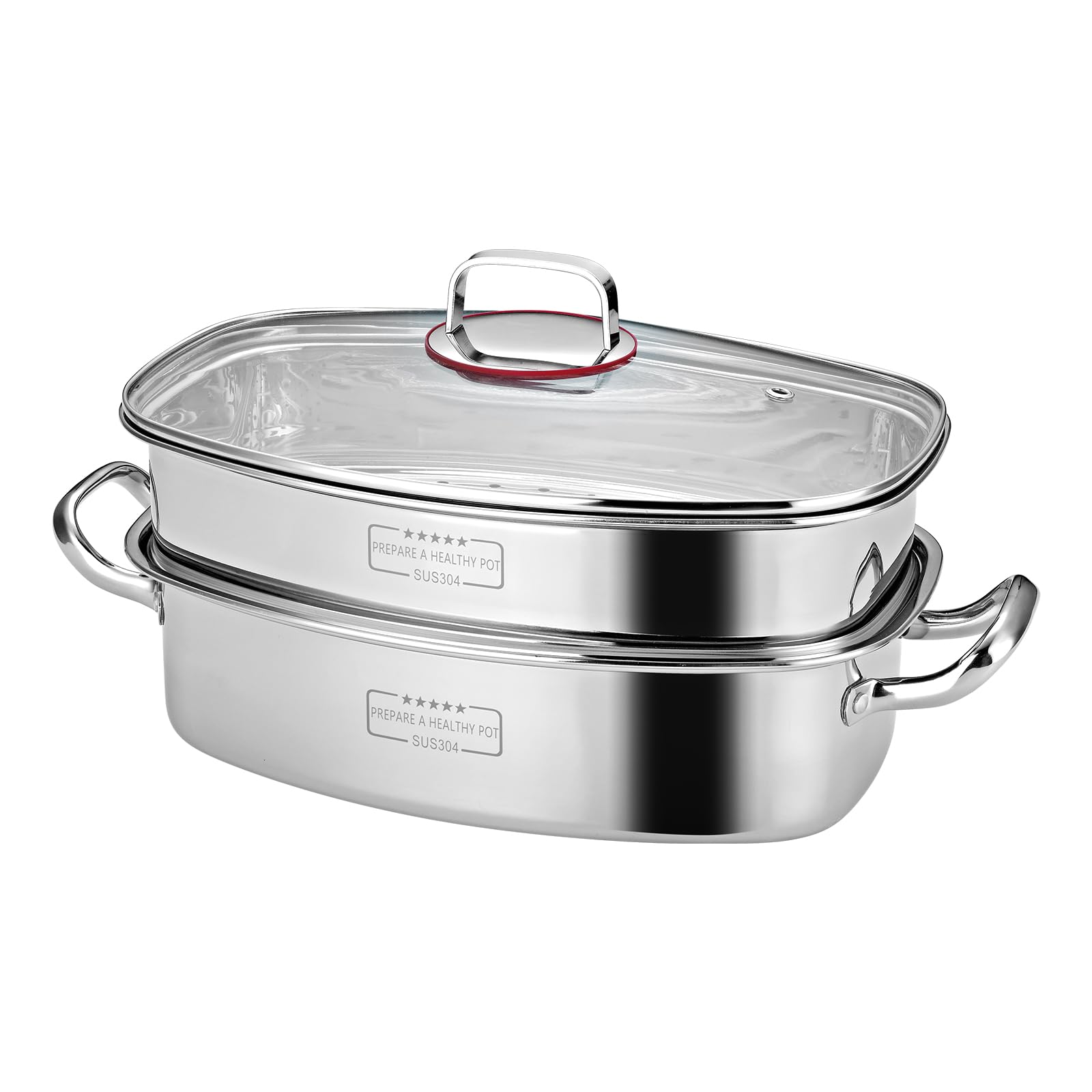 Eglaf 2-Tier Stainless Steel Fish Steamer Pot with Rack - Multi-Purpose Square Steamer Cookware Set Includes Ceramic Plate, Chuck & Oven Mitts - Perfect for Steaming Fish, Vegetables, Seafood & Making Soup - Ideal for Home Cooking, Restaurants & Outdoor BBQ