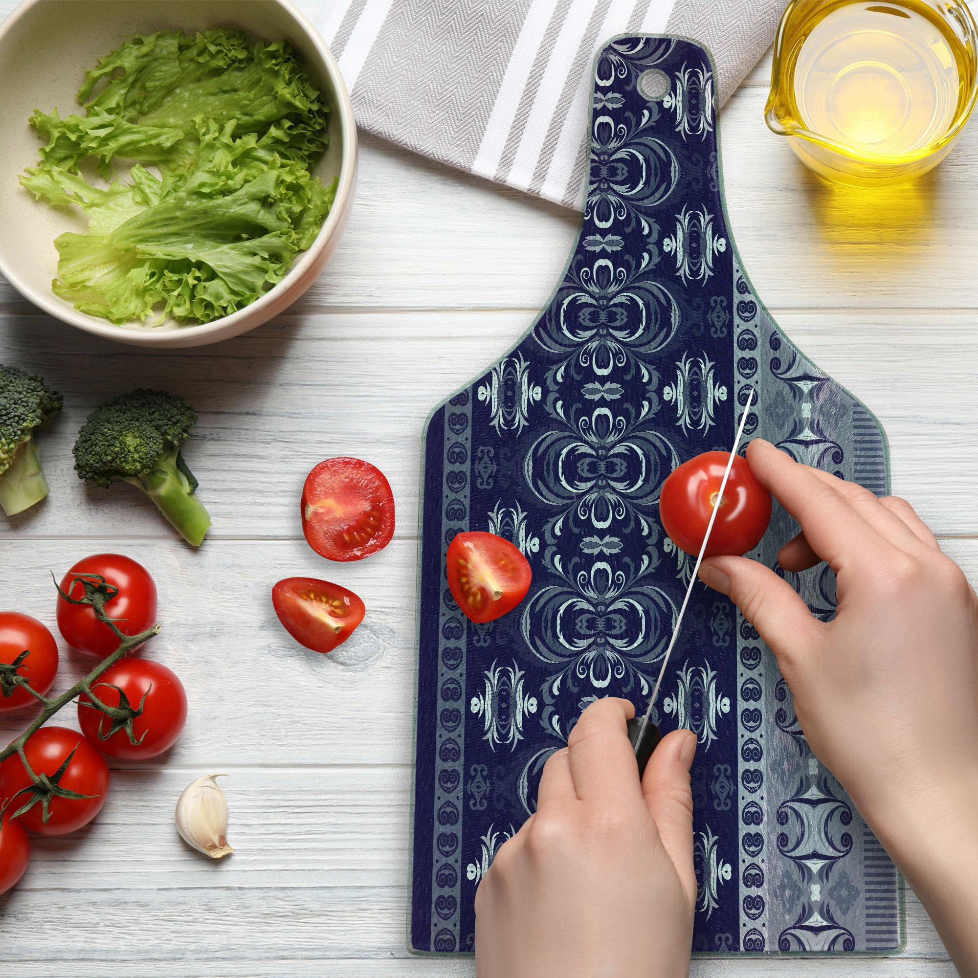 Ambesonne Navy Blue Tribal Ethnic Floral Tempered Glass Cutting Board - Decorative Wine Bottle Shape Serving Board with Dark Blue, Pale Blue & White Design - Perfect for Cheese, Charcuterie & Wine Pairing