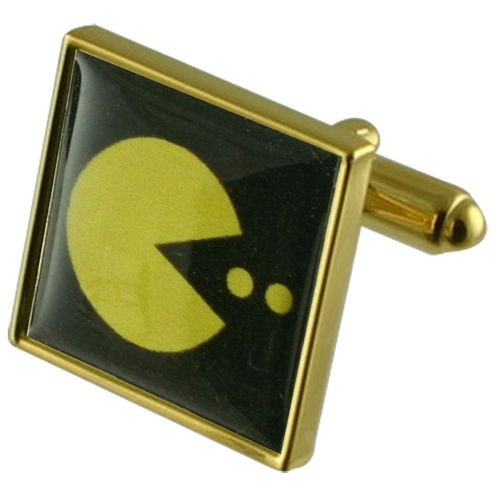 Personalized Yellow Pacman Game Gold-Tone Square Cufflinks Set with Engraved Gift Box - Perfect for Groomsmen Gifts, Birthday Presents & Video Game Lovers