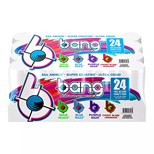 Bang Energy Drink Variety Pack - Sour Heads, Blue Razz, Purple Haze & Cherry Blade Lemonade Flavors - 16oz Cans (24 Pack) with Super Creatine & ULTRA COQ10 - Perfect for Workouts, Gaming & Energy Boost - By Gourmet Kitchn