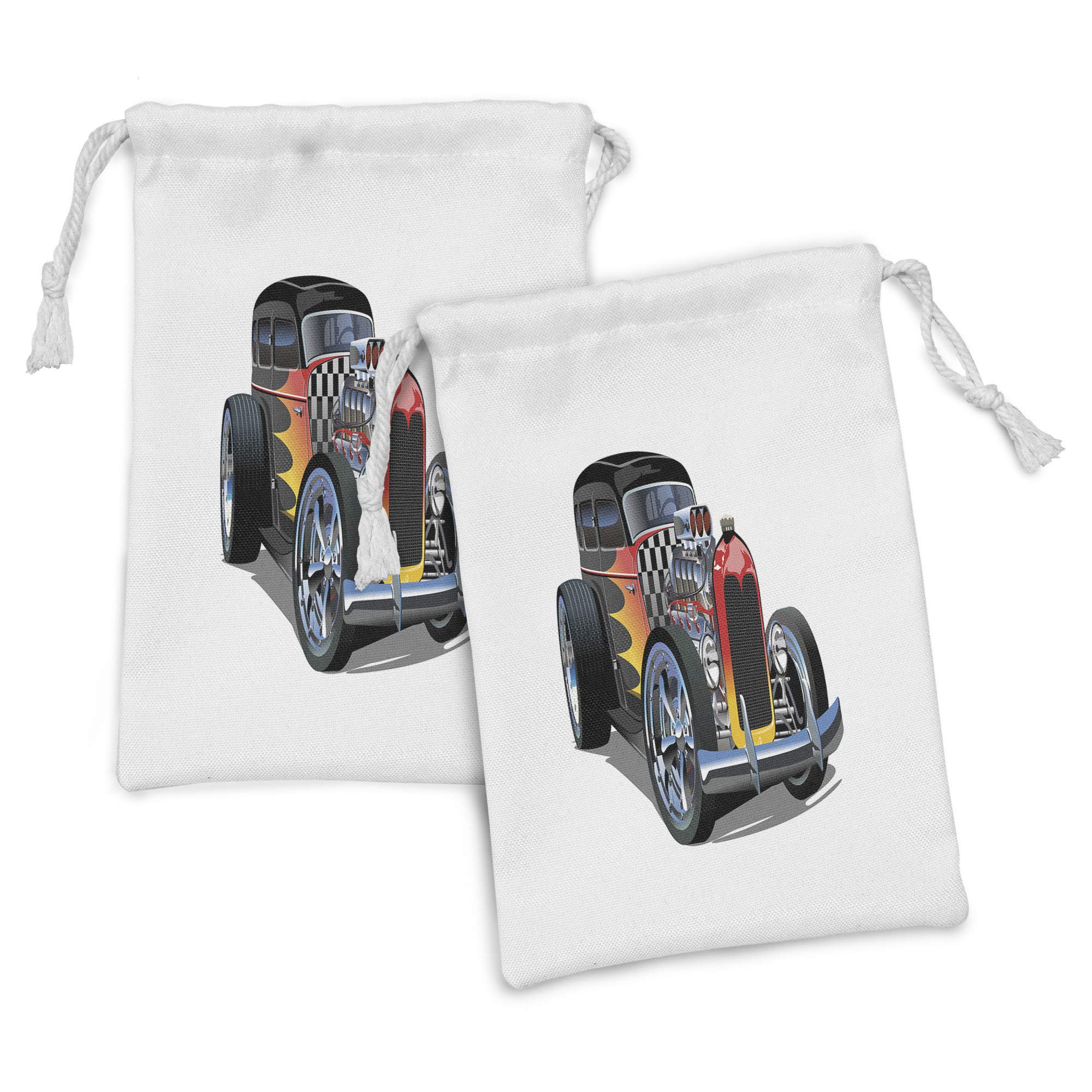 Ambesonne 2-Piece Retro Race Car Fabric Pouch Set - Small Drawstring Bags for Toiletries, Masks & Party Favors (9