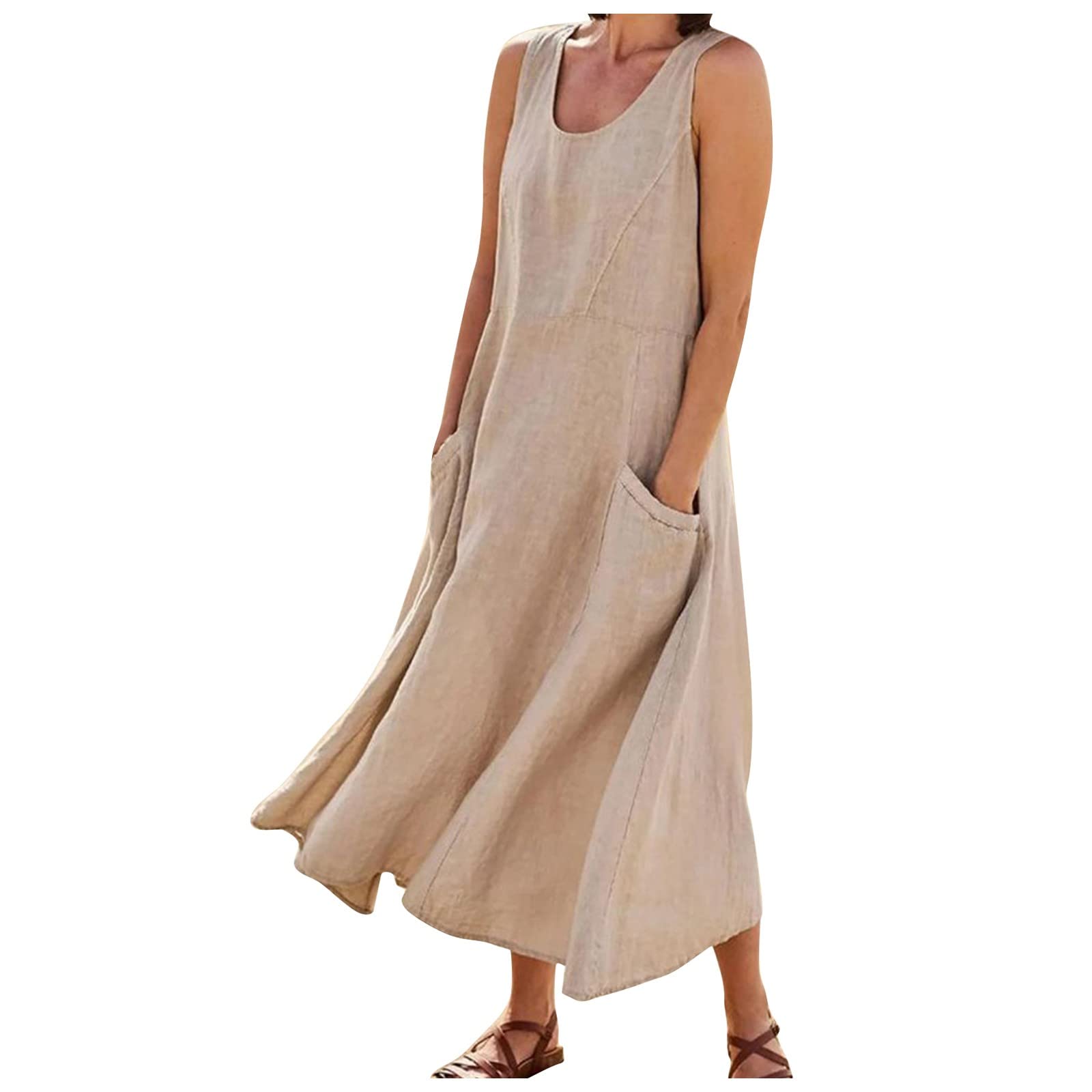 Women's Summer Casual Cocktail Dress - Sleeveless Cotton Linen Pocket Dress in Solid Colors | Perfect for Garden Parties, Brunch Dates & Summer Vacations