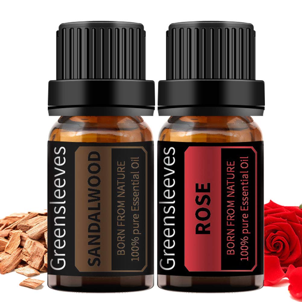 GREENSLEEVES 100% Pure Rose & Sandalwood Essential Oil Set - 2 x 10ml Aromatherapy Oils for Diffusers, Humidifiers, Massage | Relaxation, Stress Relief & Home Fragrance