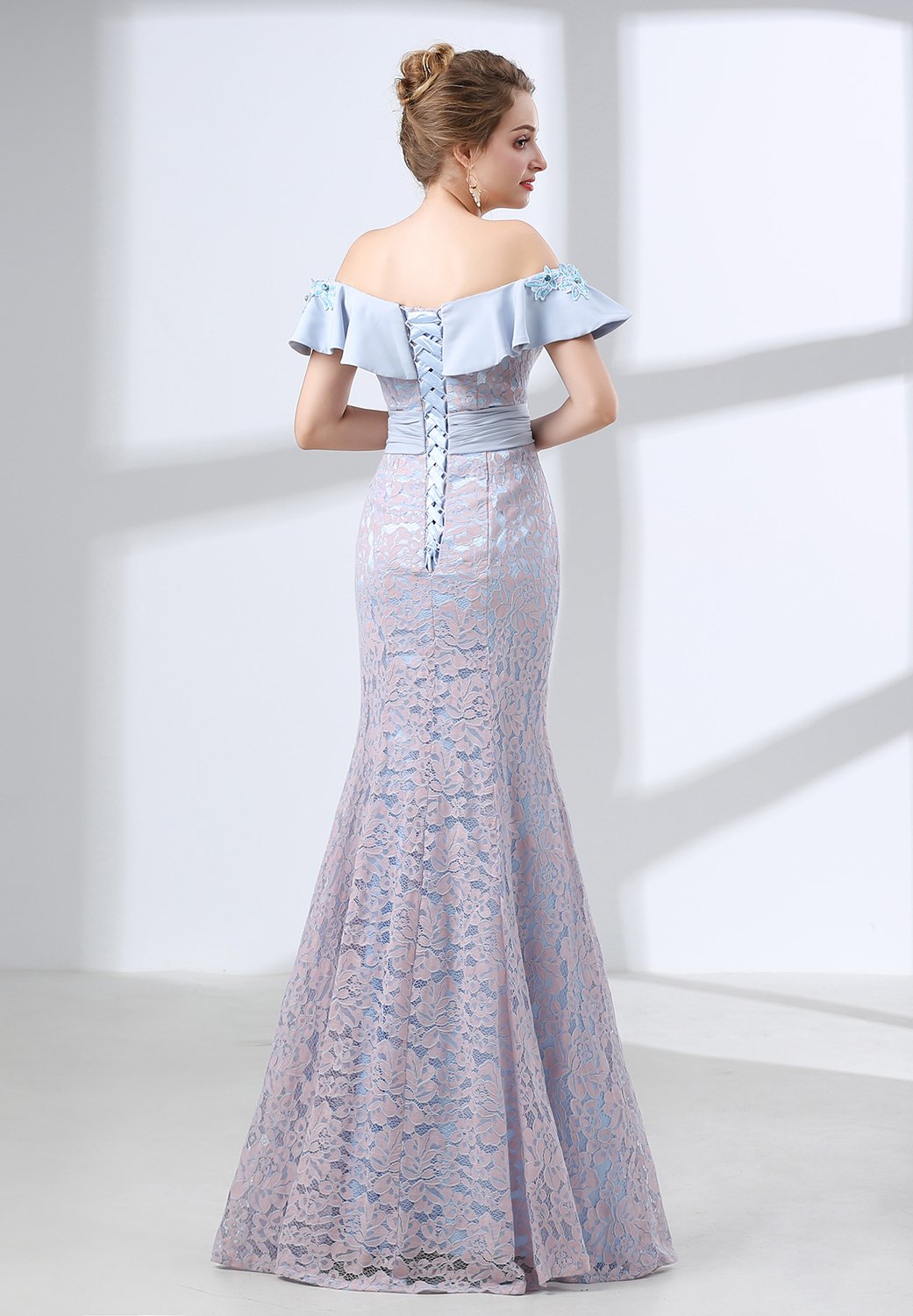 Elegant Pink Lace Mermaid Prom Dress for Women - Off Shoulder Long Evening Gown with Flounce Details | Perfect for Homecoming, Formal Dances, Weddings & Special Occasions