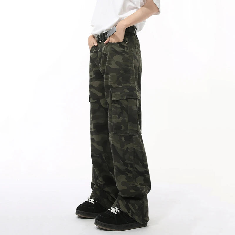 American Style Men's Denim Pants - Camouflage Print with Big Pockets, Straight Wide Leg Loose Fit Jeans for Casual Wear (Model 9C7508) | Perfect for Outdoor Adventures and Street Fashion