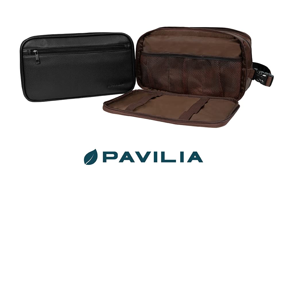 PAVILIA Men's Travel Toiletry Bag - Waterproof PU Leather Dopp Kit Organizer for Shaving, Cosmetics & Grooming Essentials | Perfect for Business Trips, Gym & Vacation (Black)