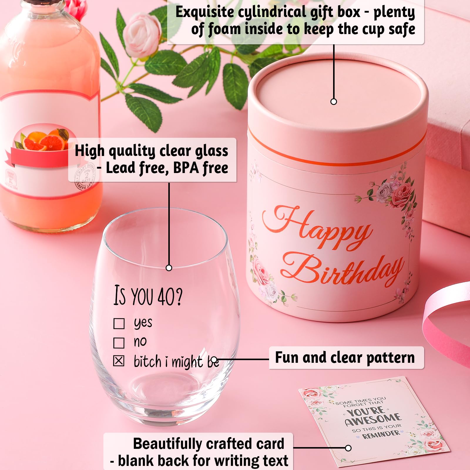 Funny 40th Birthday Wine Glass Gift Set for Women - Elegant Gift Box & Card Included - Perfect 40th Birthday Party Decorations - Great 40 Years Old Present for Her, Female Friends (Ideal for Birthday Celebrations, Girls Night Out, Milestone Parties)