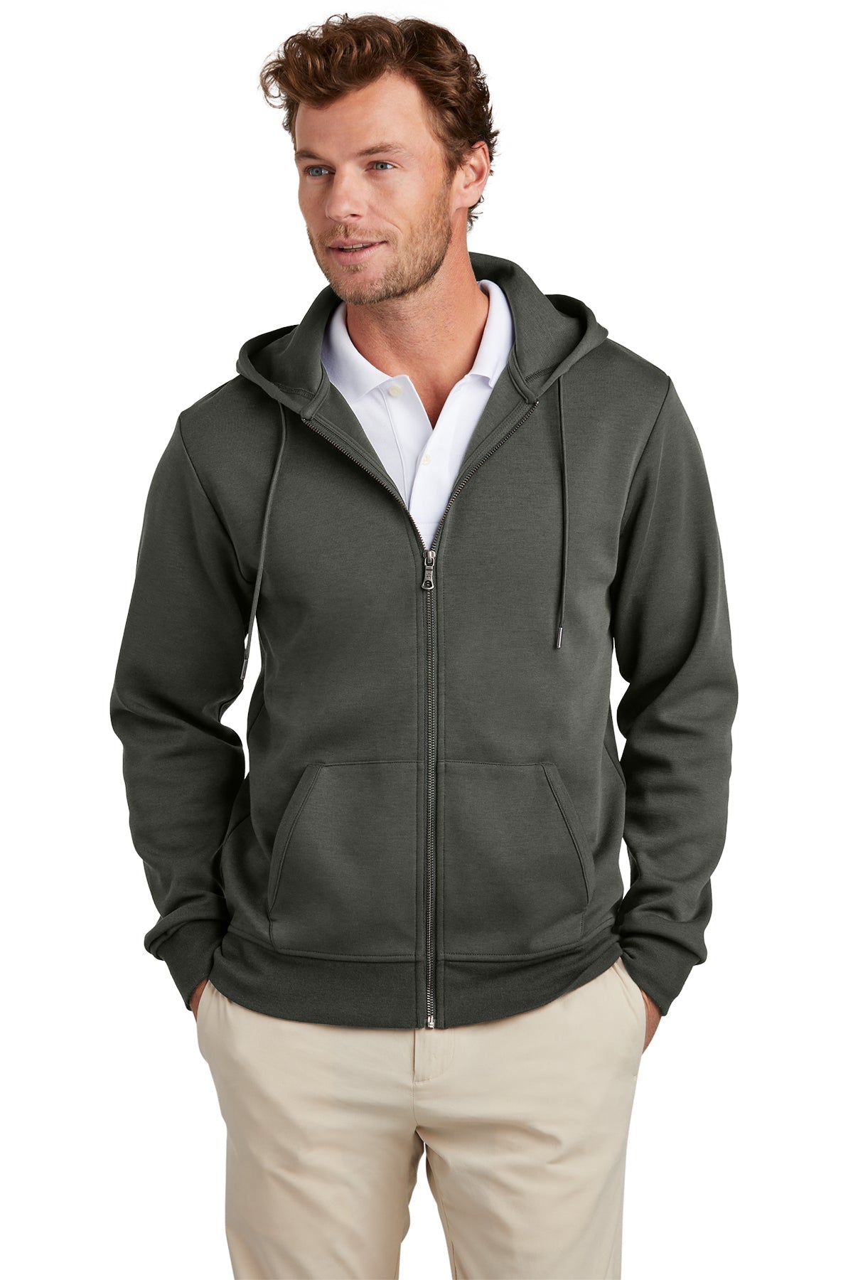 Brooks Brothers Men's Windsor Grey Double Knit Full Zip Hoodie - Comfortable & Stylish Casual Wear for Everyday Outfits & Outdoor Activities