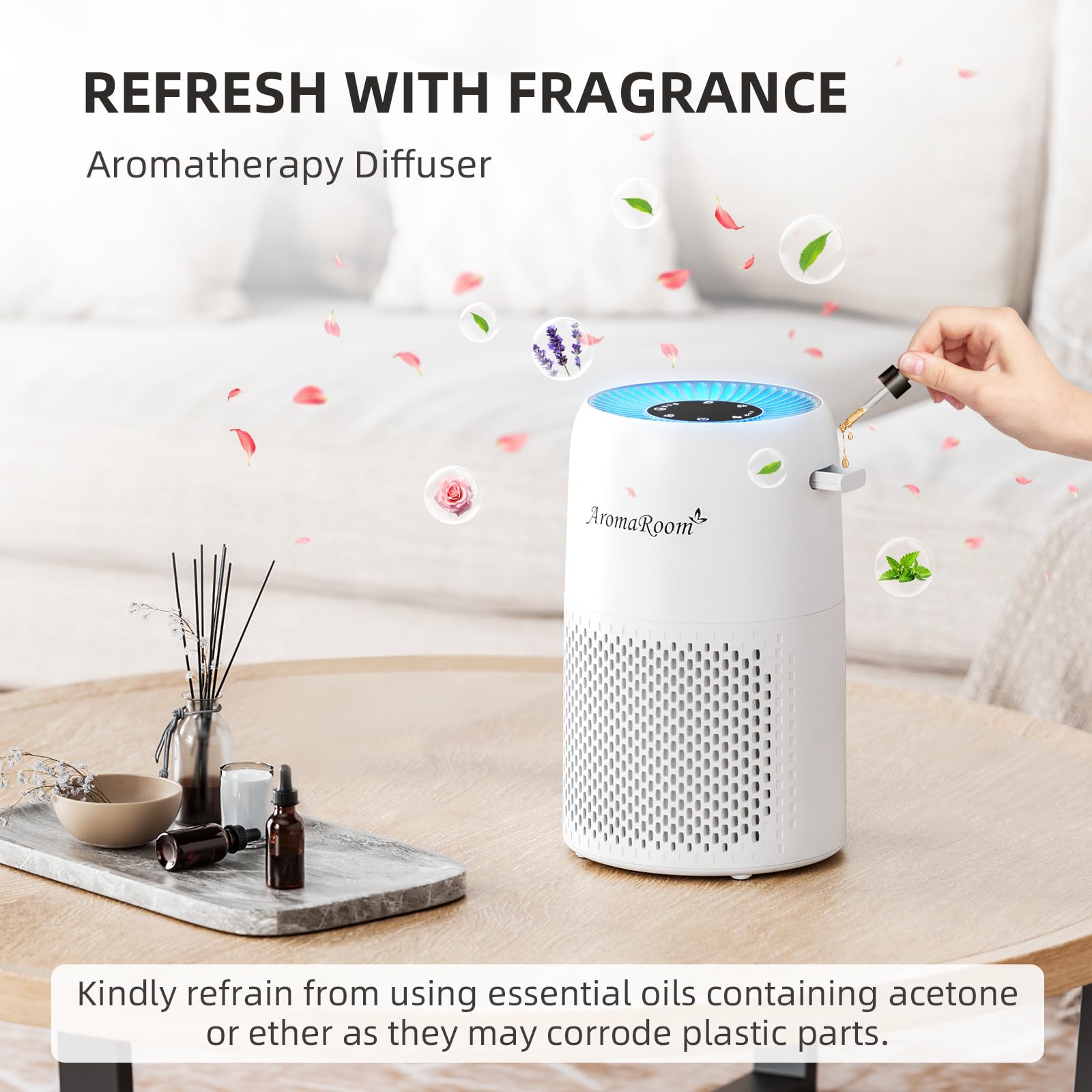 AromaRoom True HEPA13 Air Purifier for Bedroom - 3-in-1 Pet Air Cleaner with Aroma Pad, Eliminates Wildfire Smoke, Pollen & Pet Dander - Ultra Quiet 22dB for Baby Room, Office & Dorm - Blue Light Night Mode | Perfect for Allergy Relief & Fresh Air in Small Spaces