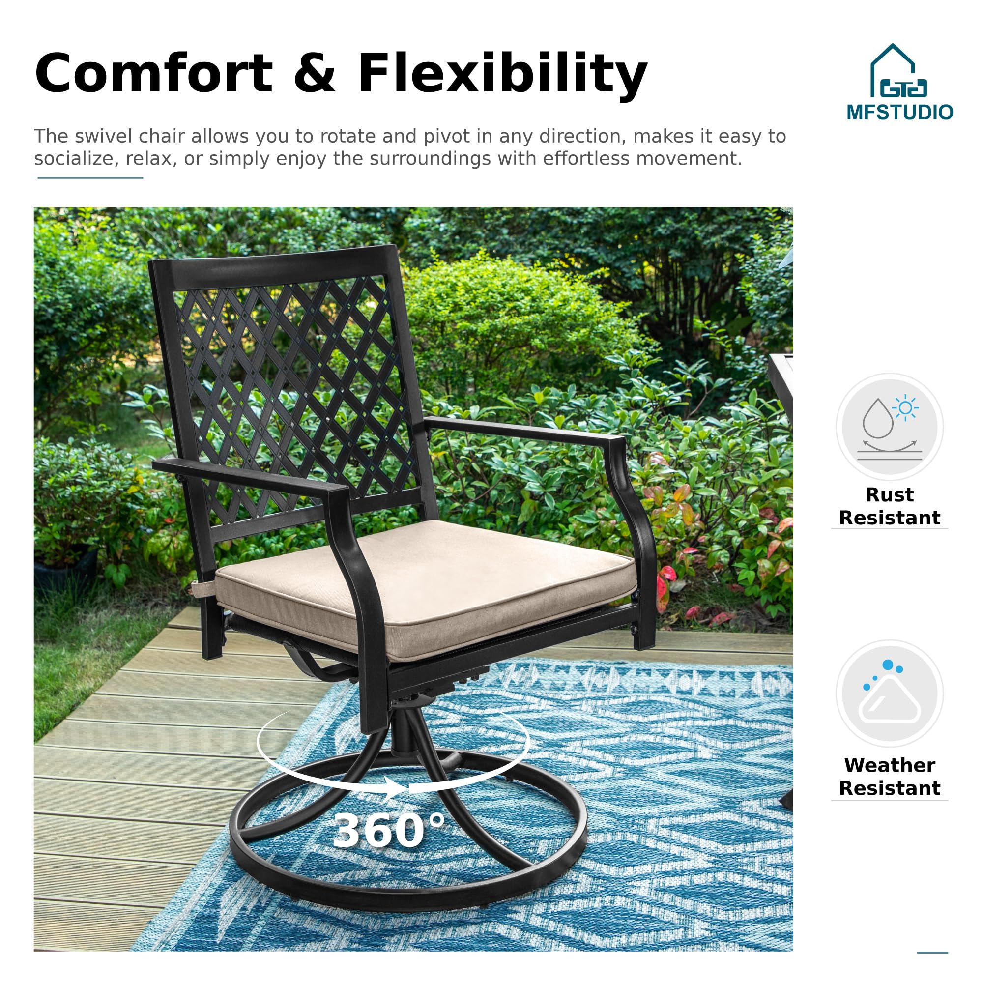 MFSTUDIO 7-Piece Black Metal Outdoor Patio Dining Set with Steel Slat Table & 6 Stackable Chairs (4 Mesh + 2 Swivel), Adjustable Umbrella Hole - Perfect for Backyard, Garden, Poolside & BBQ Gatherings