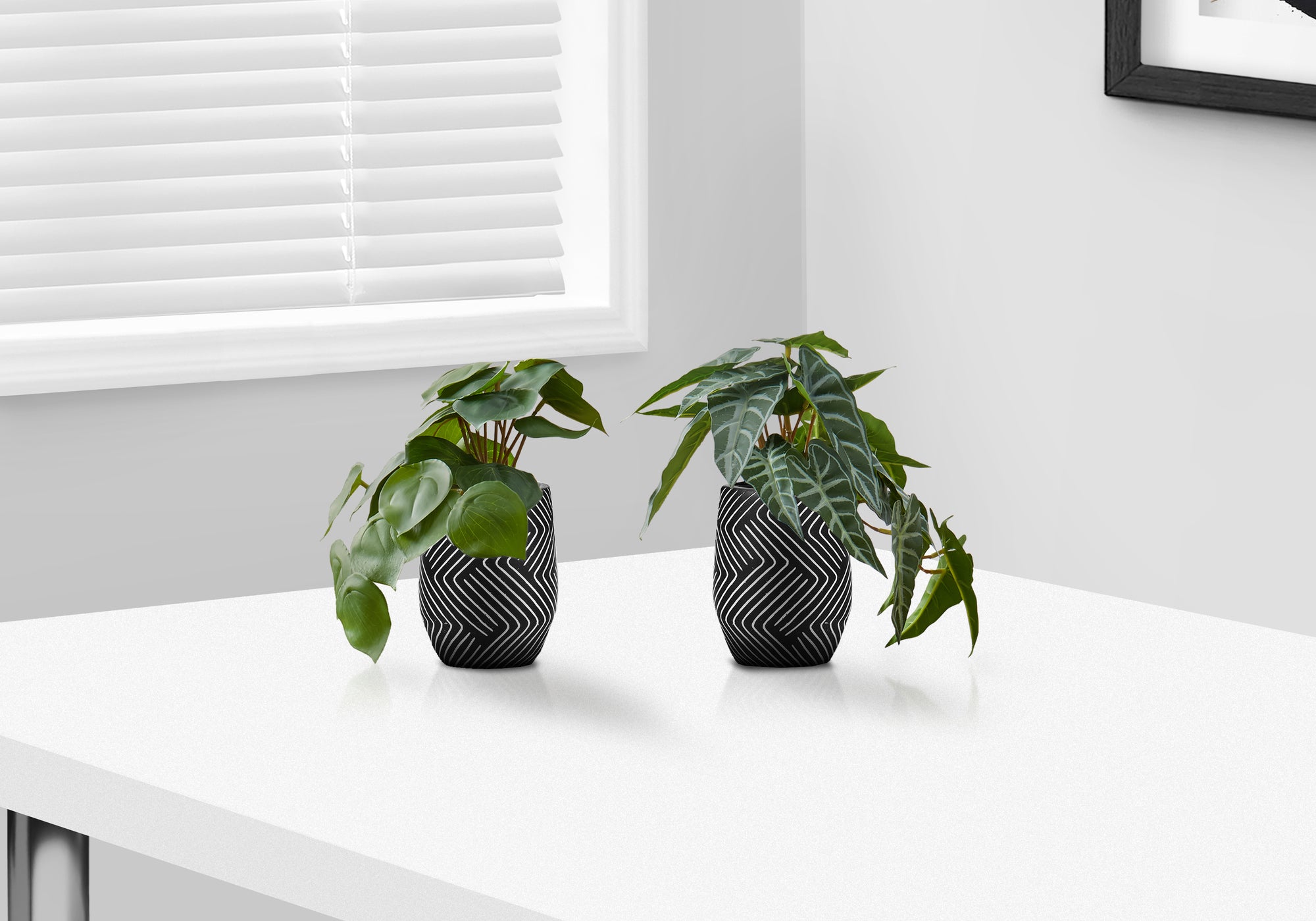 Faux Alocasia Plant Set of 2 - 8 Inch Tall Artificial Greenery in Black Cement Pots for Home Decor, Office, Living Room & Bedroom