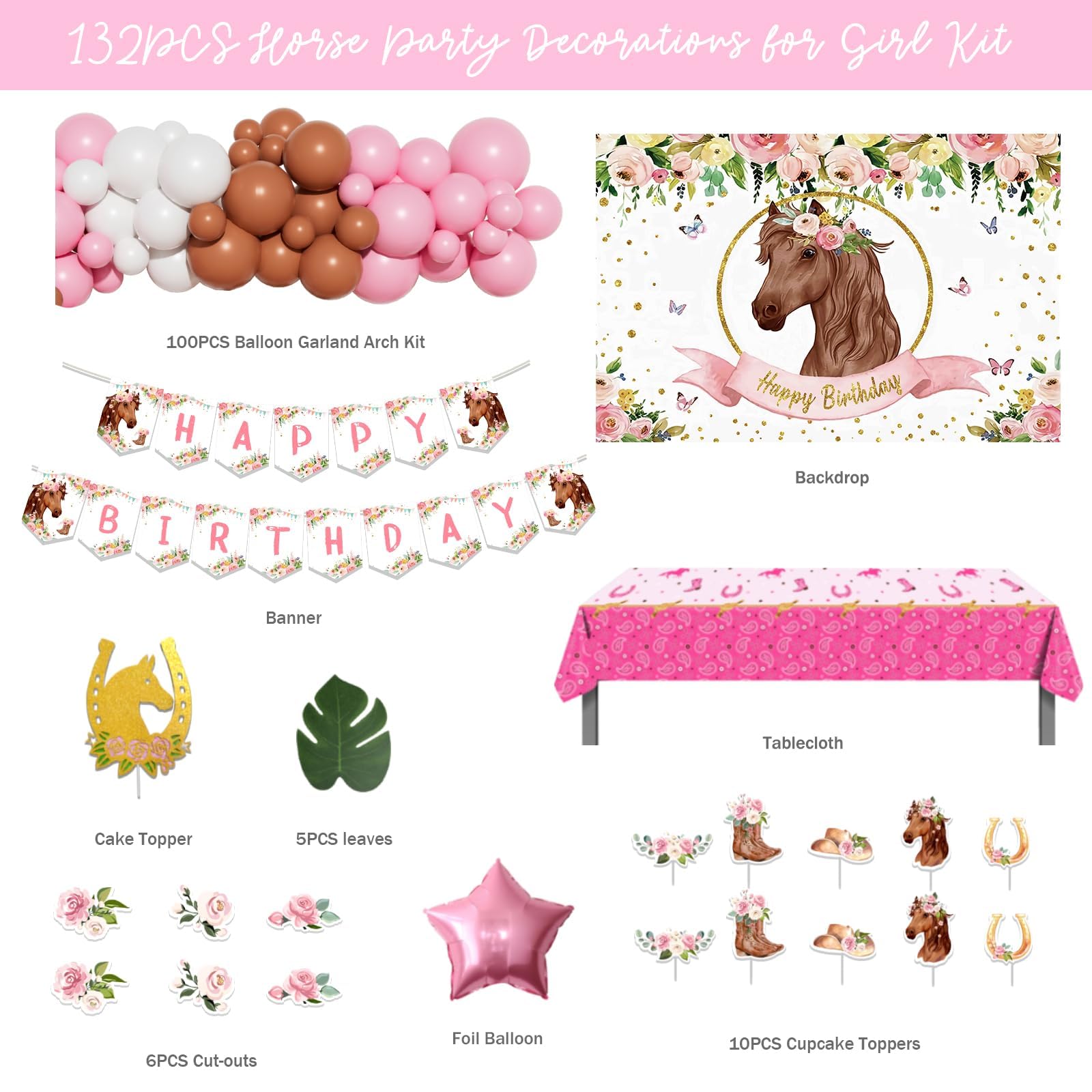 Horse Themed Birthday Party Decorations for Girls - Western Cowgirl Party Supplies Set with Backdrop, Balloons, Leaves, Happy Birthday Banner, Tablecloth, Cake Topper in Floral Pink & Brown | Perfect for Western-Themed Birthday Parties, Baby Showers & Cowgirl Celebrations