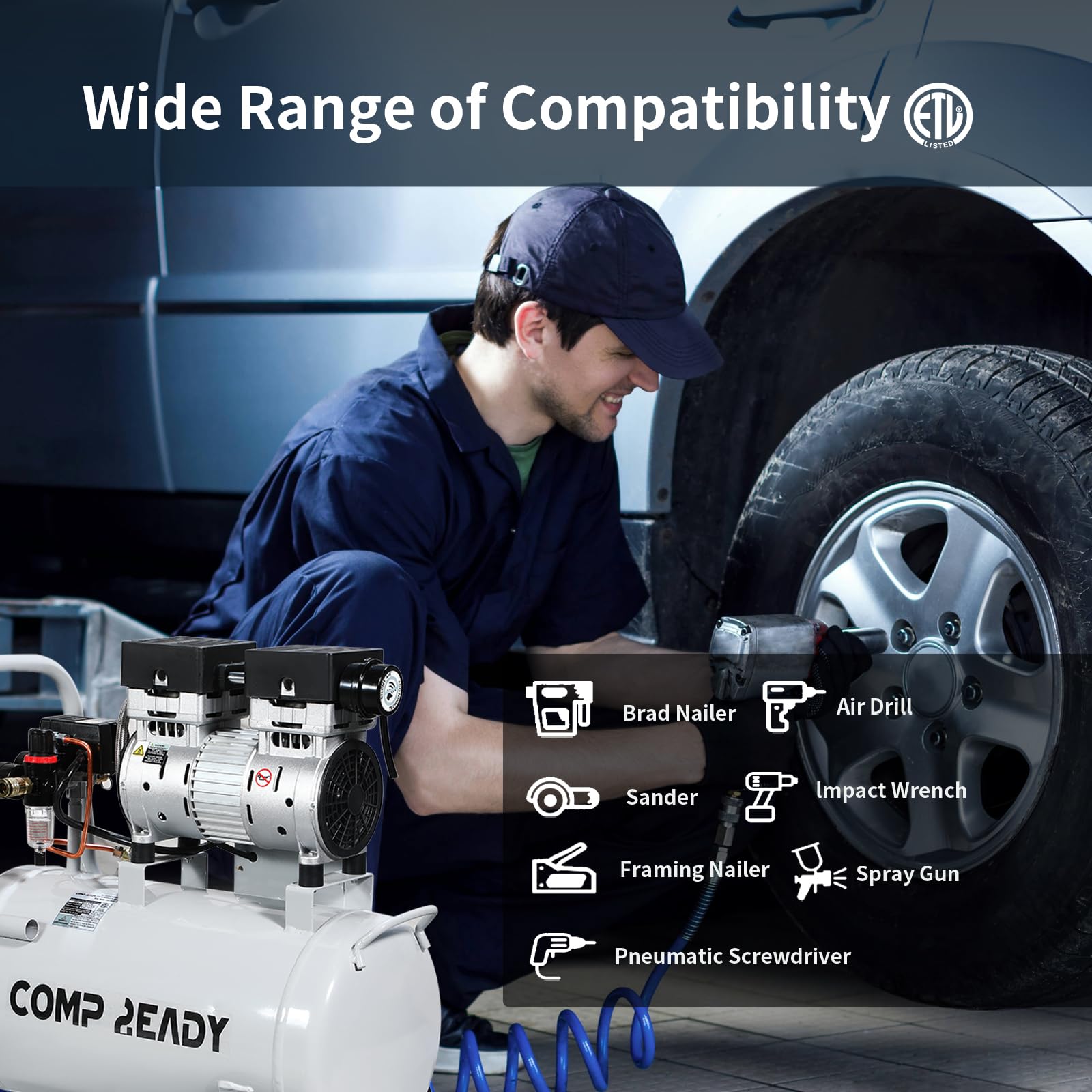 6 Gallon Portable Air Compressor 1HP 2.5 CFM@90PSI - Ultra Quiet 60dB Oil-Free Air Pump for Tires, Pneumatic Tools, Spray Painting - Perfect for Home Garage, Auto Repair & DIY Projects