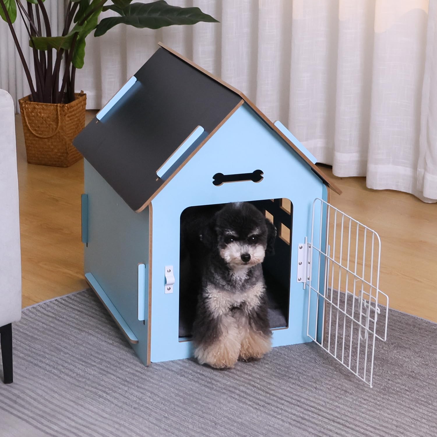 **Cozy Wooden Indoor Dog House for Small Dogs & Cats - Ventilated Design with Elevated Floor - Warm Pet Cave for Winter (Large, Blue) - Perfect for Bedrooms, Living Rooms & Pet-Friendly Spaces**