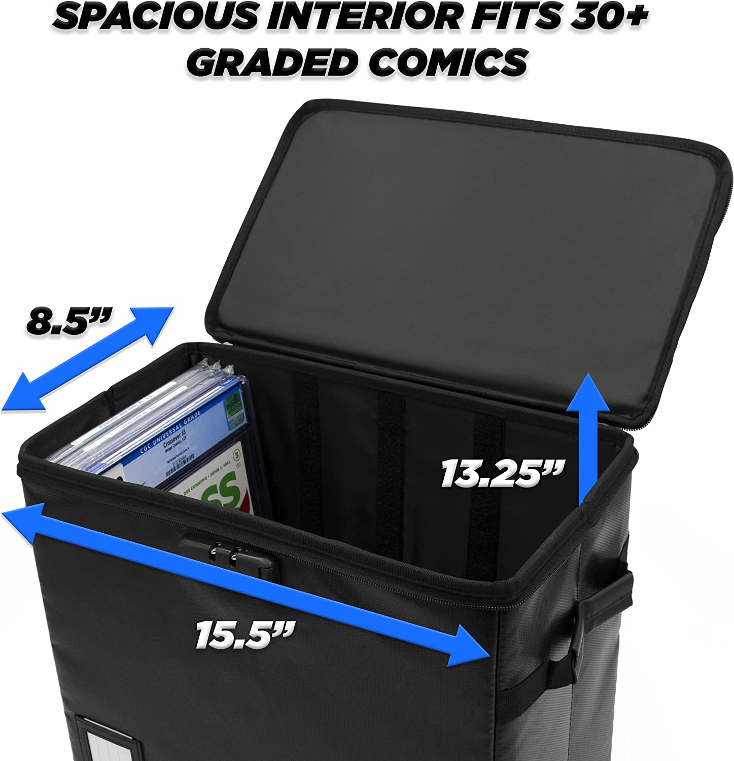 CASEMATIX Fireproof Comic Book Storage Box - Holds 30+ CGC Graded Comics with 3 Padded Dividers & Lock - Secure Display & Protection for Collectible Comics at Home or Comic Conventions