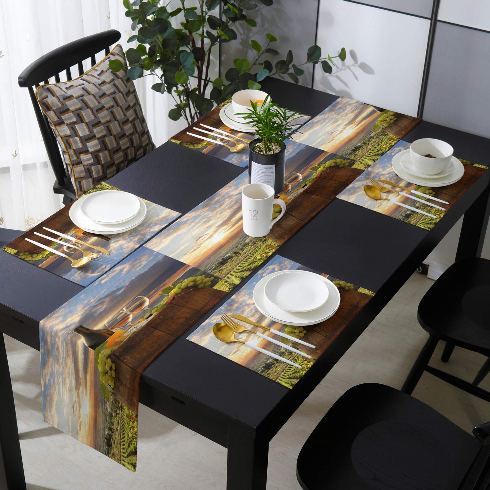 Farmhouse Style Cotton Linen Placemats Set with Matching Table Runner - 6PCS Place Mats + 1 (16