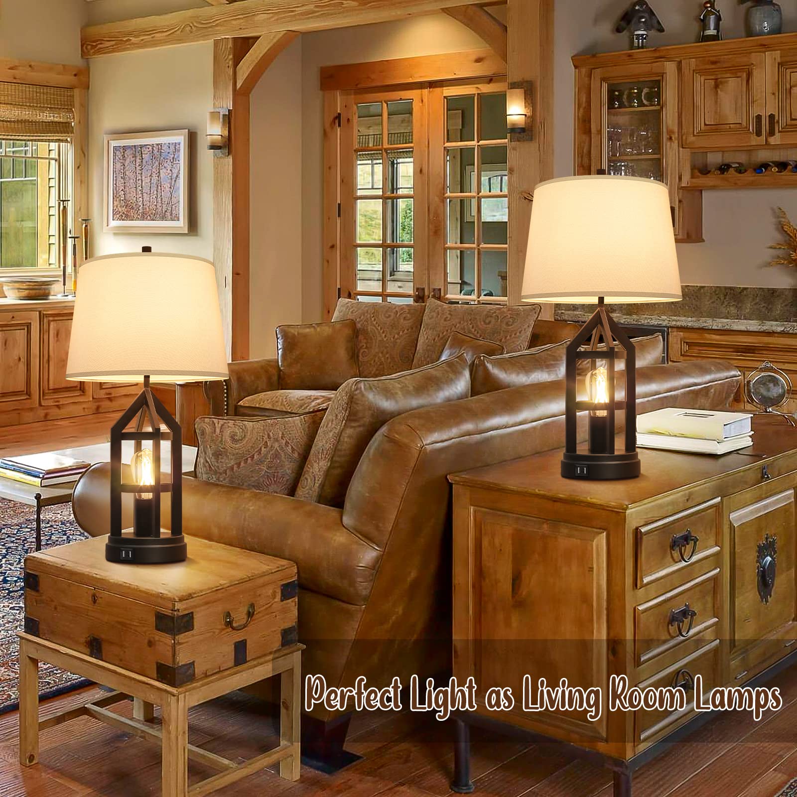 BesLowe 2-Pack Farmhouse Style Touch Control Table Lamps - 3-Way Dimmable Bedside Lamps with 2 USB Charging Ports, Rustic End Table Lamps for Living Room & Bedroom, Includes 4 LED Bulbs & White Fabric Shades - Perfect for Nightstands, Home Office, and Cozy Reading Nooks