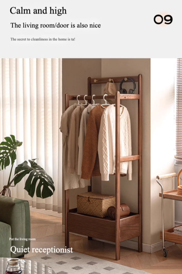 Premium Black Walnut & Oak Solid Wood Floor-to-Ceiling Clothes Storage Rack - Heavy-Duty Garment Organizer for Bedroom, Closet, or Entryway