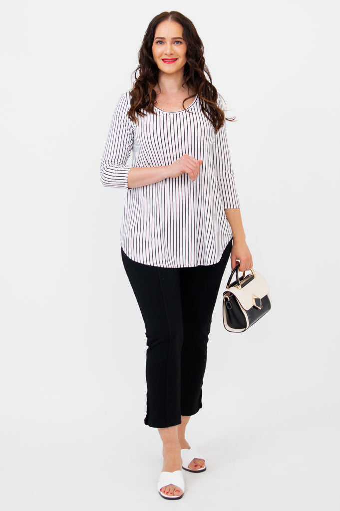 Jazz 3/4 Sleeve Women's Top - White & Black Small Stripe Bamboo Fabric - Breathable & Comfortable for Casual Wear, Office Outfits & Summer Fashion