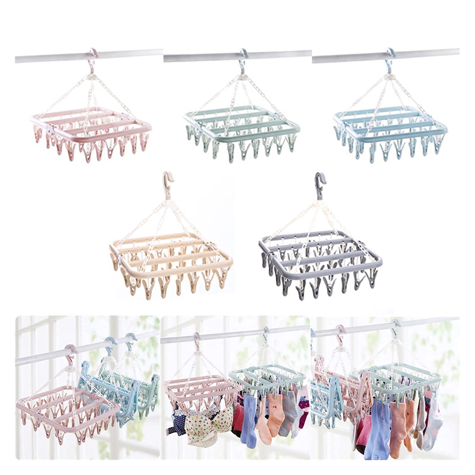 32-Peg Multifunctional Hanging Rack for Socks, Underwear & Clothes - Flexible Indoor/Outdoor Laundry Organizer for Home, Washing, Drying & Storage (Gray/Beige) - Perfect for Closet, Laundry Room & Travel Use