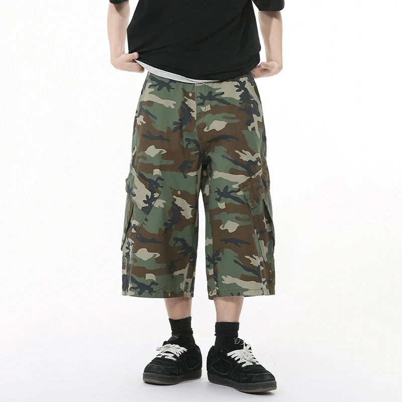 Men's American Style Camouflage Denim Shorts with Side Pockets & Patchwork Design - Casual Straight Wide Leg Baggy Jeans for Men | Perfect for Summer Outfits, Streetwear & Casual Wear