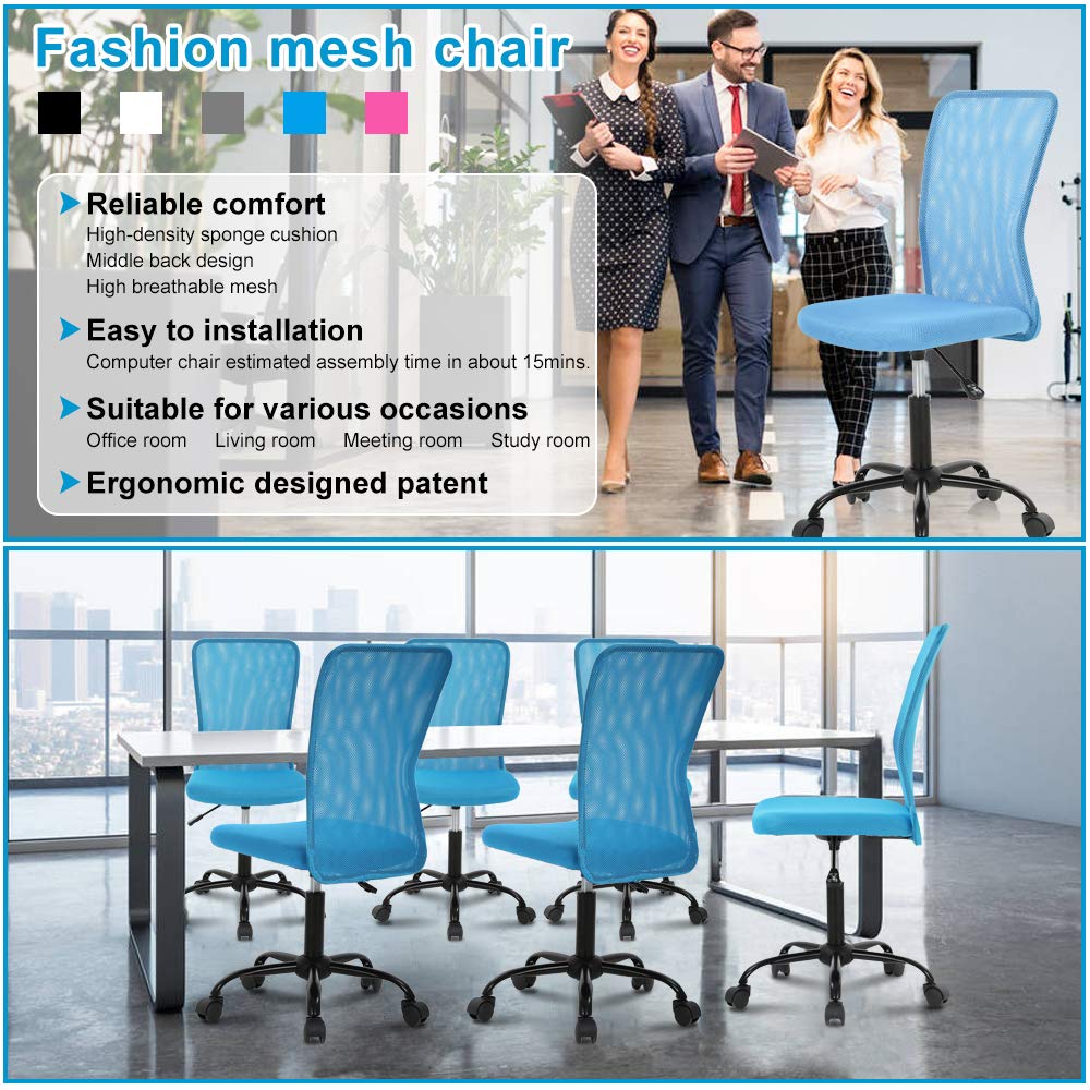 Ergonomic Home Office Chair - Adjustable Height Mid Back Mesh Computer Desk Chair for Students & Professionals, No Armrest Modern Task Swivel Rolling Chair - Blue - Perfect for Small Offices & Study Rooms