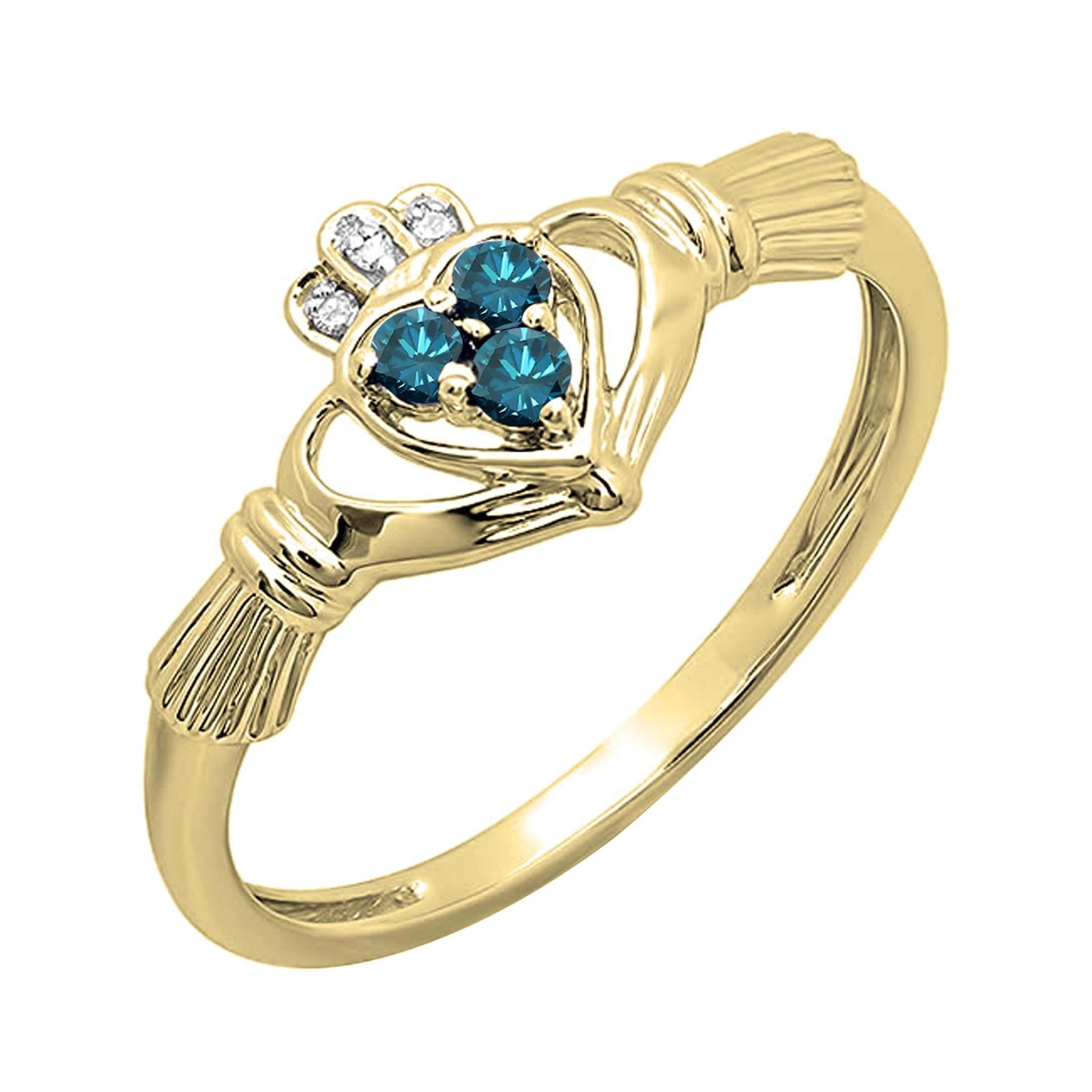 Dazzlingrock 10K Solid Gold Claddagh Heart Ring with Blue & White Diamonds - Irish Love & Friendship Promise Ring for Women | Perfect for Anniversaries, Engagements & Special Occasions