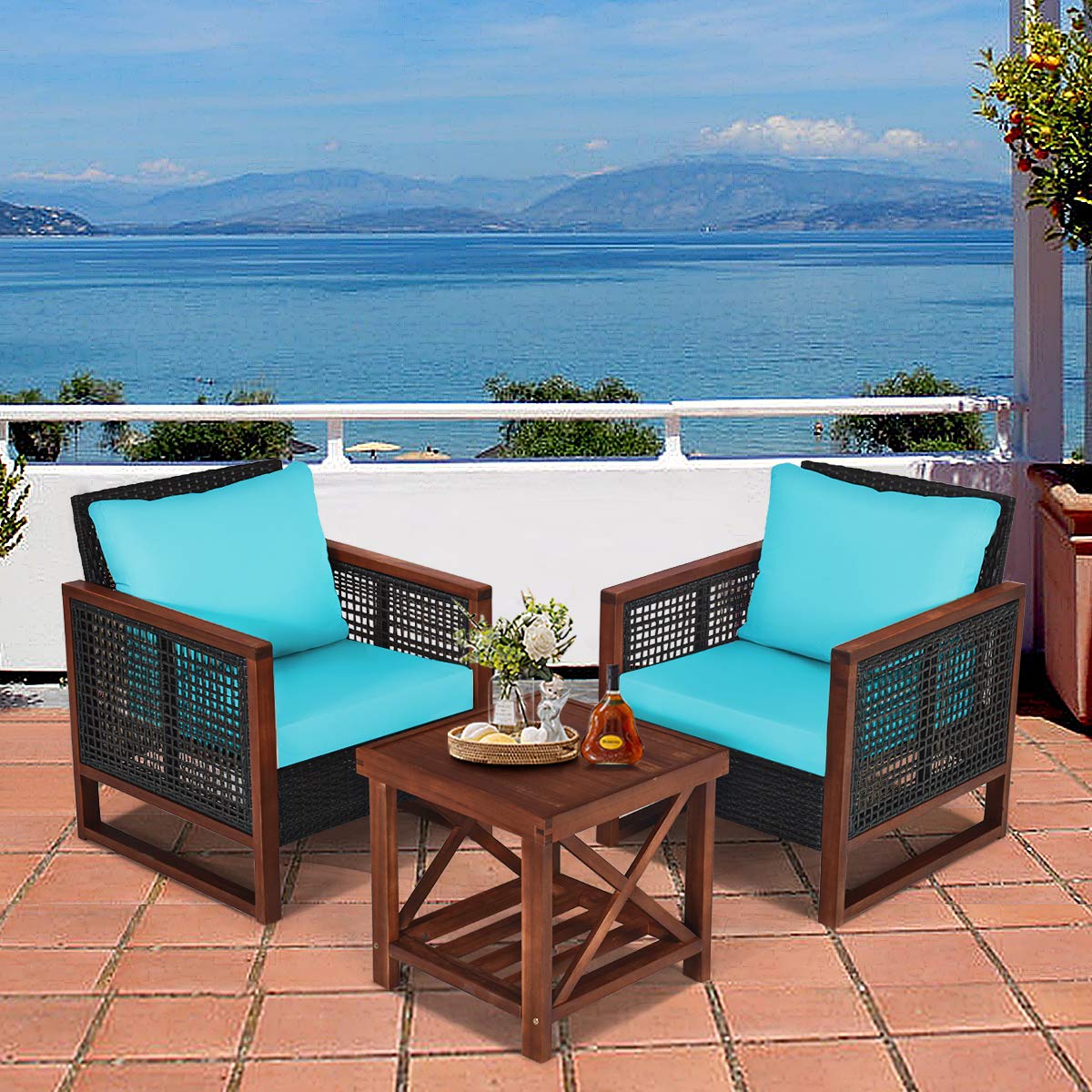 HappyGrill 3-Piece Outdoor Patio Furniture Set - Wicker Chairs with Coffee Table, Acacia Wood Frame & Washable Cushions - Perfect for Garden, Poolside, Backyard, Balcony & Porch Relaxation
